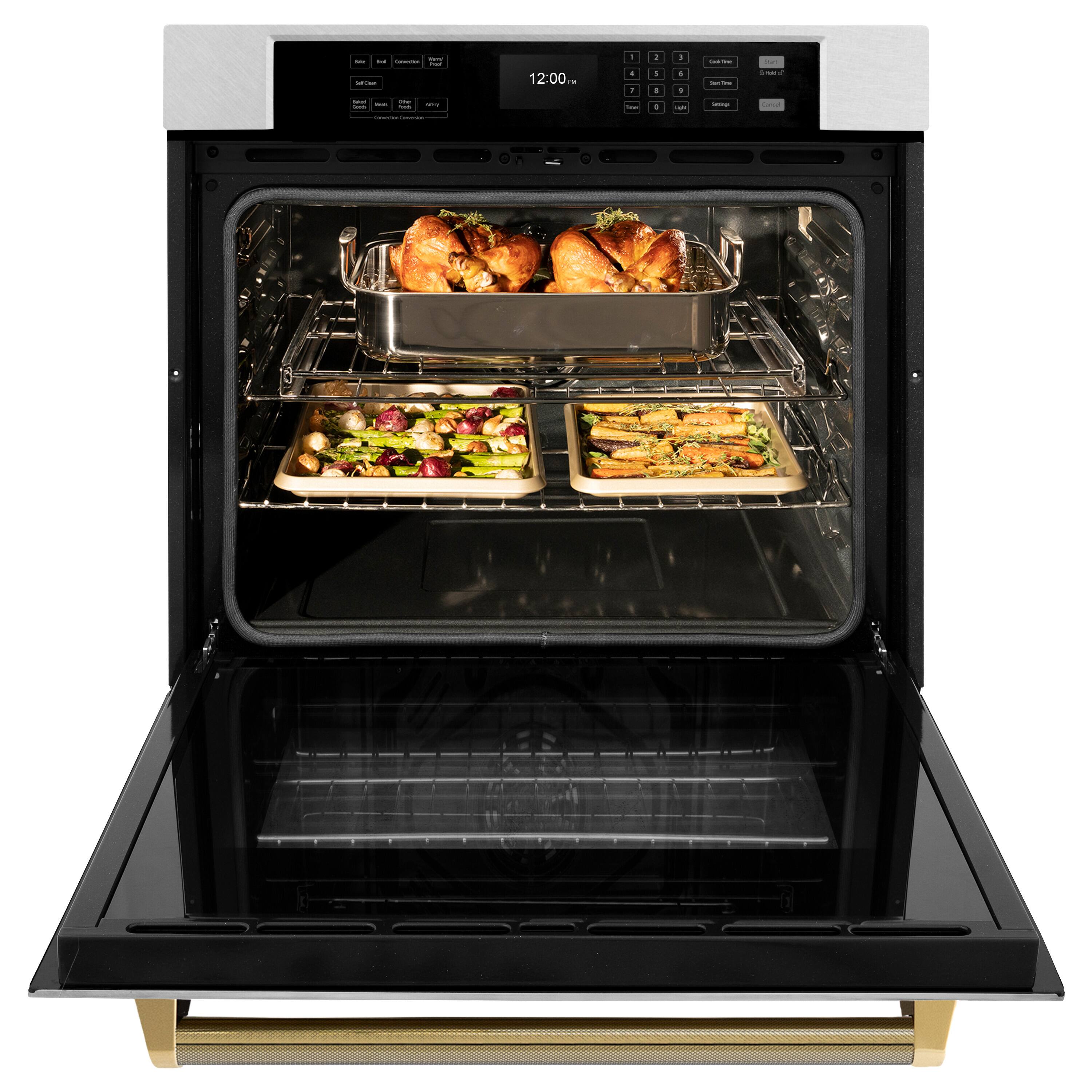 Left. ZLINE - ZLINE Autograph 30 in. True Convection Single Wall Oven in Satin Steel with Gold Helix Handle (WASSZ-30-KG) - Satin Stainless Steel.