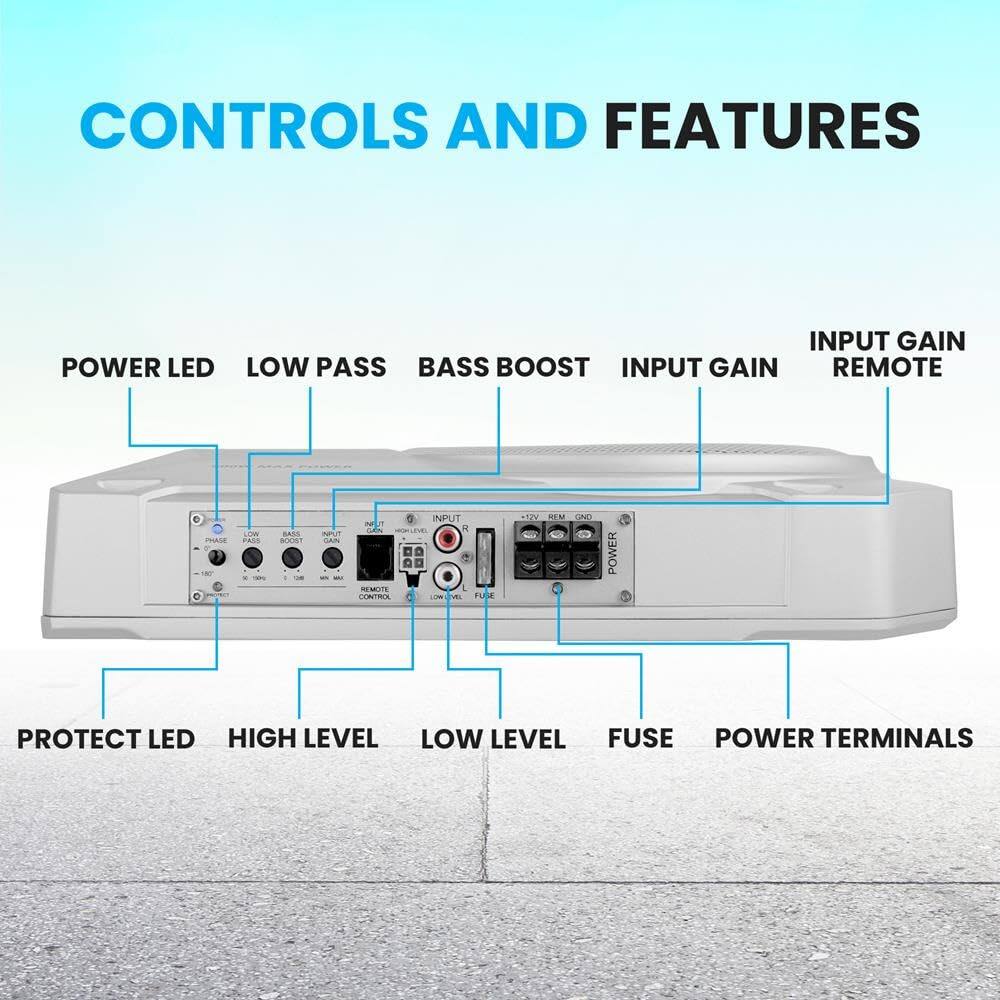 CONTROLS AND FEATURES  
- POWER LED  
- LOW PASS  
- BASS BOOST  
- INPUT GAIN  
- INPUT GAIN REMOTE  
- PROTECT LED  
- HIGH LEVEL  
- LOW LEVEL  
- FUSE  
- POWER TERMINALS