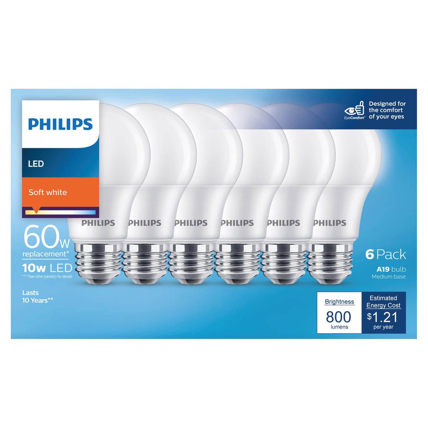 Philips - A19 E26 (Medium) LED Bulb Soft White 60 Watt Equivalence 6 pk