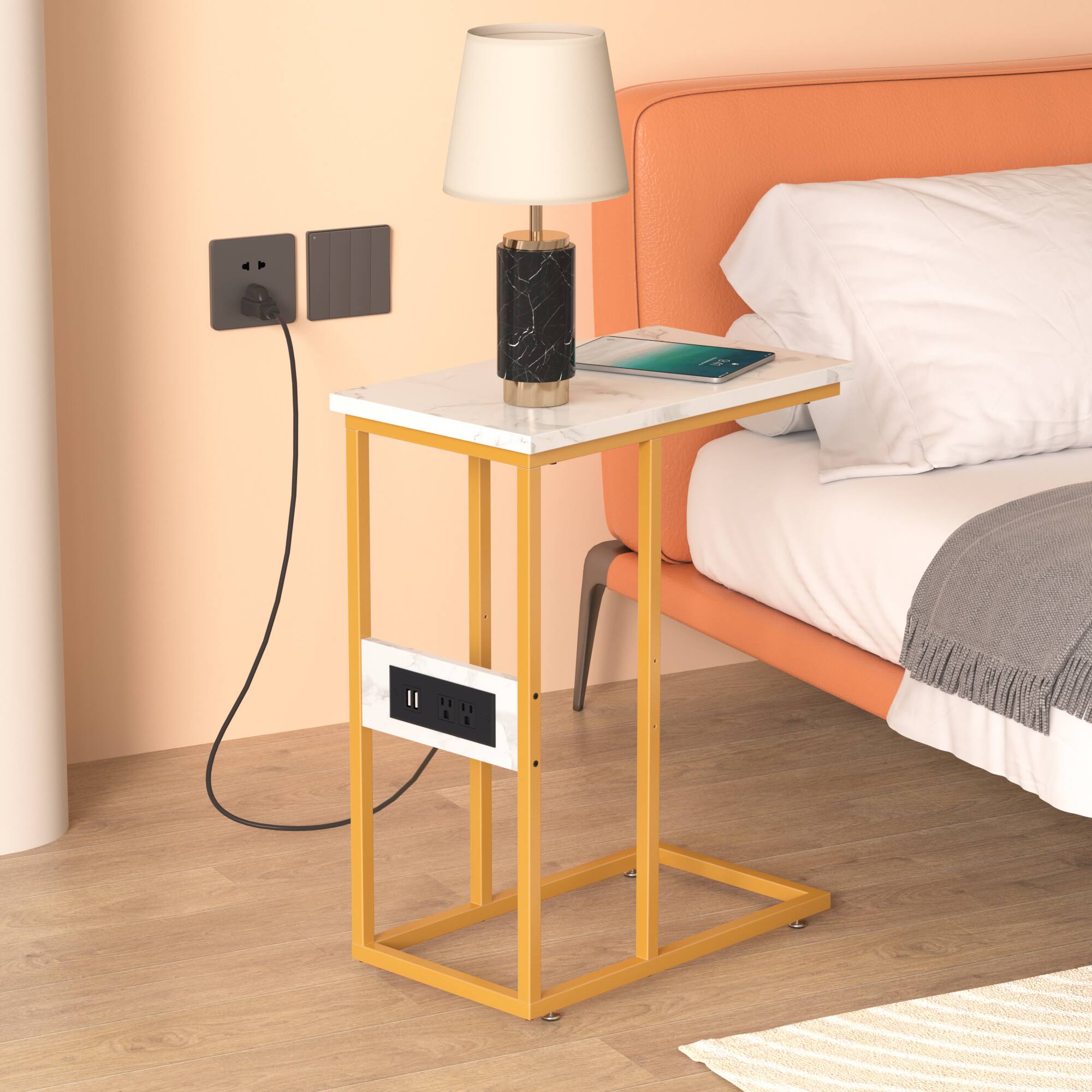 Alt View 4. Vecelo - 2Pack C Shaped End Table with socket, Sofa Side Table with Metal Frame, Easy to Assemble Snack Table - Gold.