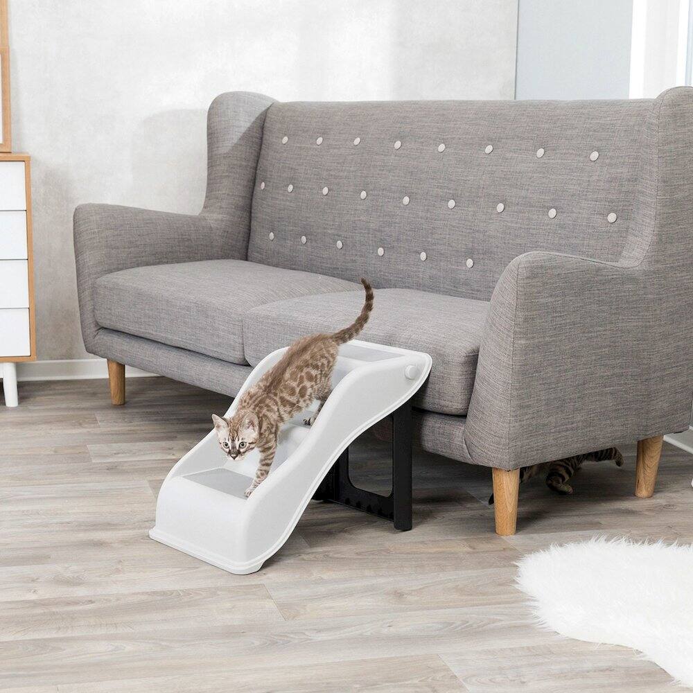 Angle. TRIXIE - 3 Step Pet Stairs, Lightweight & Collapsible, Easy to Store, Non-Slip Treads - Light Gray.