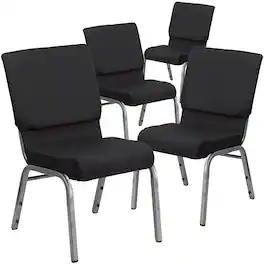Emma + Oliver - 4 Pack 18.5''W Stacking Church Chair - Black Patterned Fabric/Silver Vein Frame