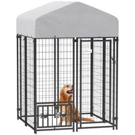 Pawhut - 3.9'x3.9'x6' Outdoor Dog Kennel, Welded Wire Run, 360° Rotating 4 Level Bowls, Waterproof Cover, S&M Dogs