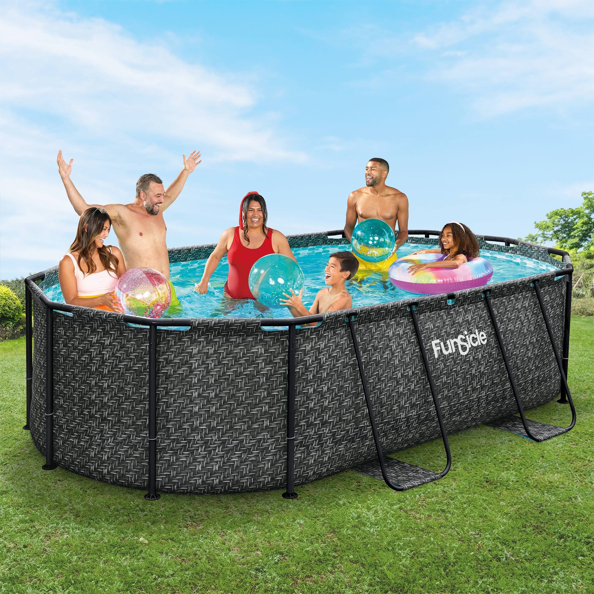 Alt View 2. Funsicle - Funsicle 13'11" Oasis Designer Oval Above Ground Pool w/ Pump, Dark Herringbone - Dark Herringbone.