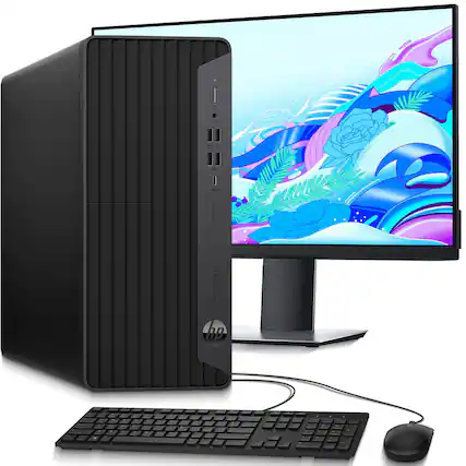 Front. HP - G6 Tower Desktop PC | Intel Core i5-10th 3.1GHz | 16GB DDR4 RAM | 128GB + 1TB HDD | 22" LED | KB & Mouse | WiFi | Win11 - Black.