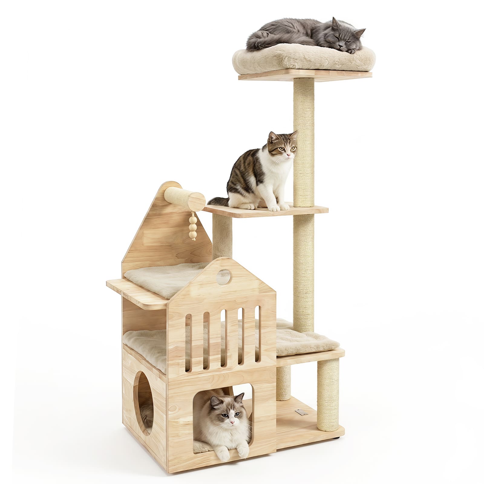 Gymax - 48.5''Multi-Level Solid Wood Cat Tree Padded Top Perch Cat Condo Wooden Balls Natural - Beige price history on PriceWatchPro