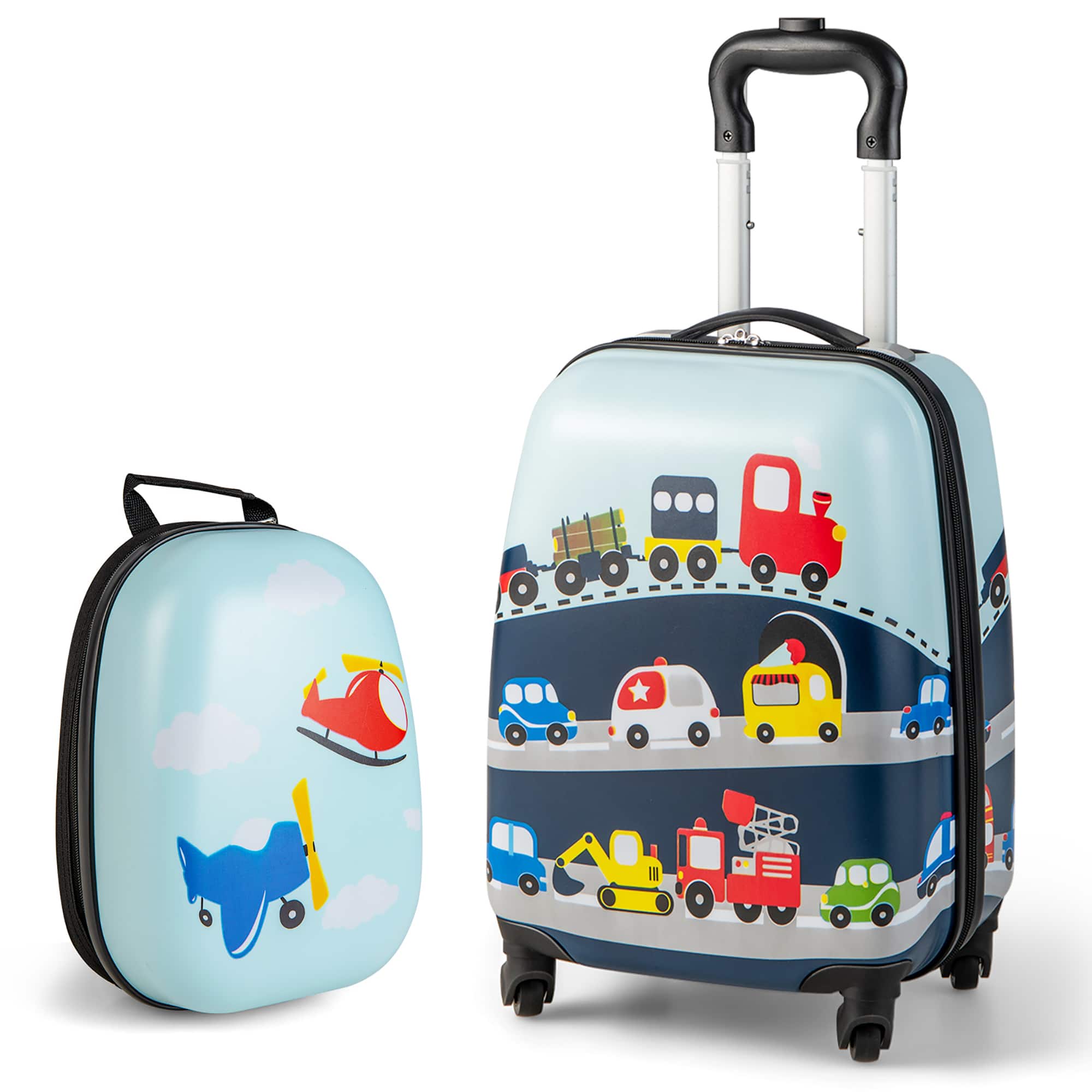 Front. Costway - 2PC Kids Carry On Luggage Set 12" Backpack and 16" Rolling Suitcase for Travel - Blue.