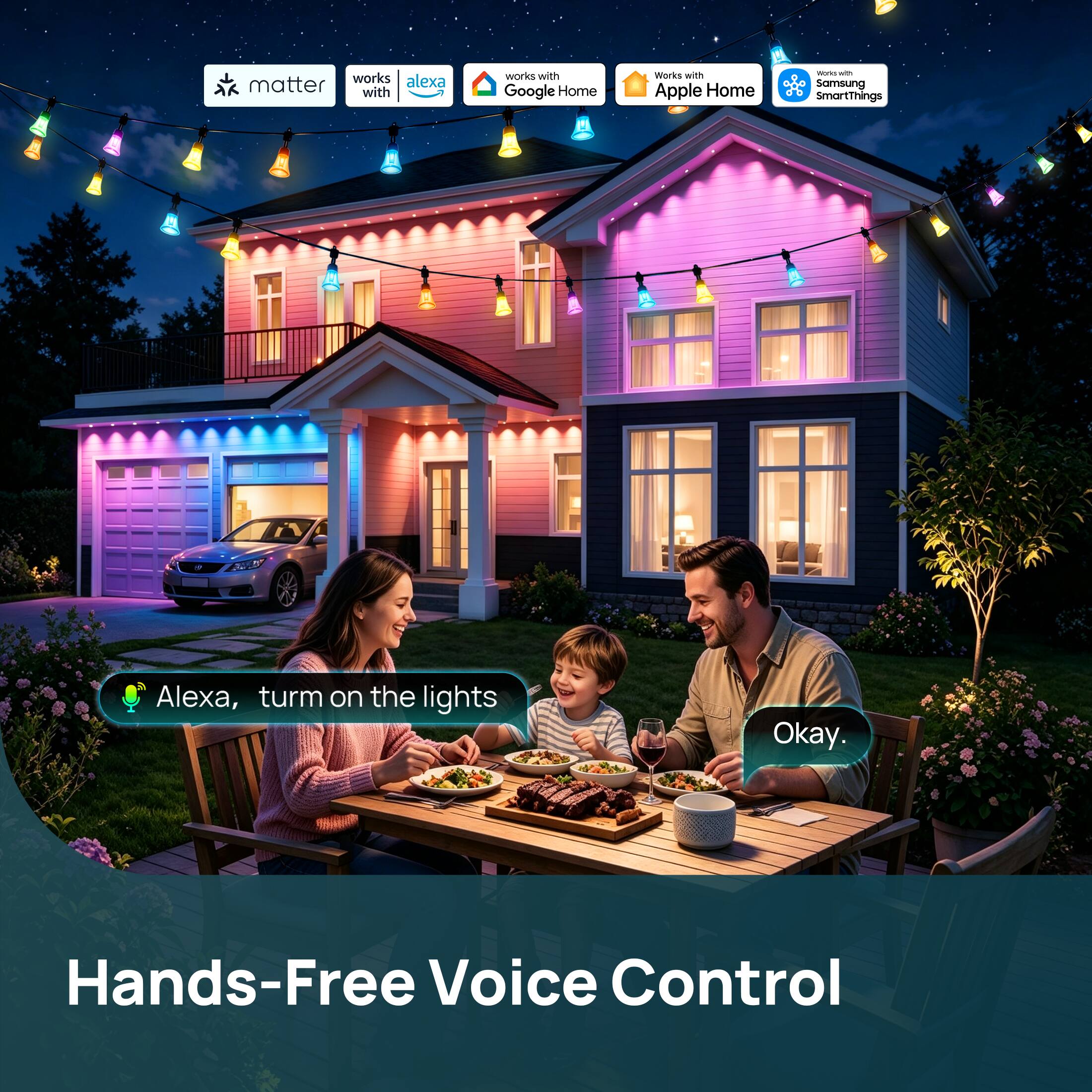 works with Alexa  
works with Google Home  
Works with Apple Home  
Samsung SmartThings  

Alexa, turn on the lights  
Okay.  

Hands-Free Voice Control