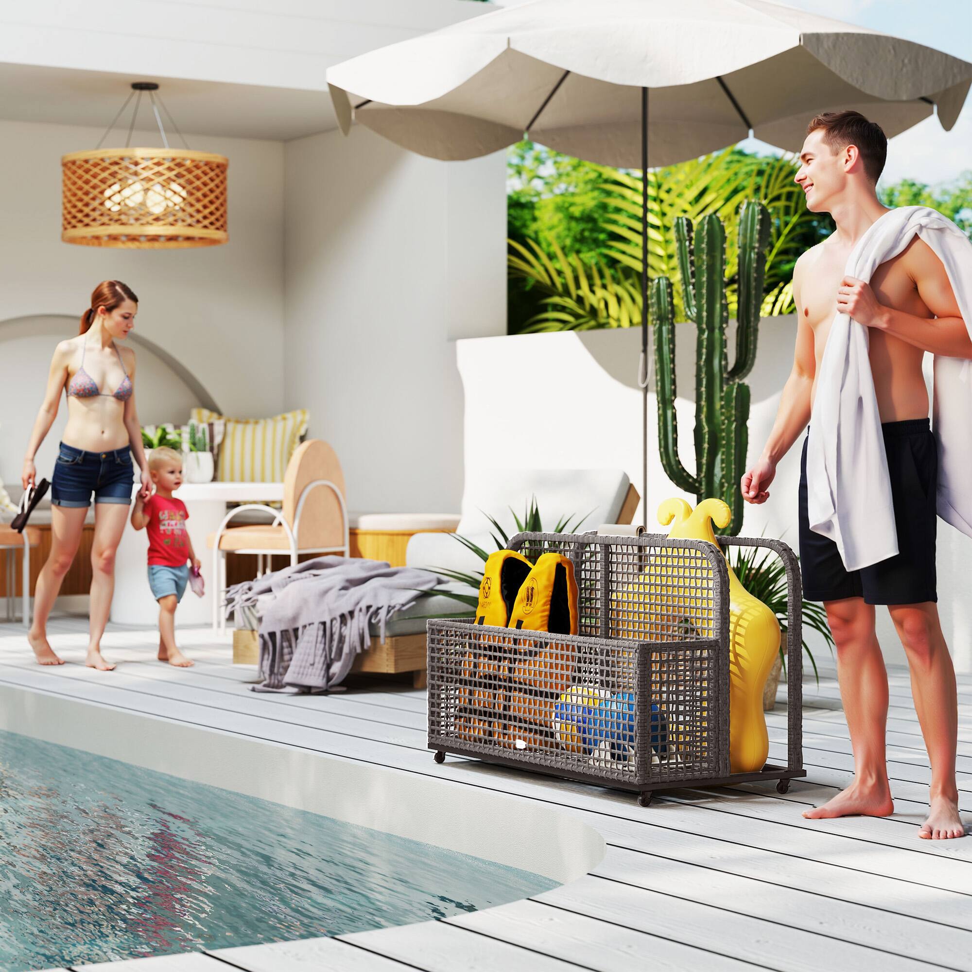 Alt View 1. Outsunny - Patio Wicker Pool Float Storage with Wheels, Outdoor Rolling PE Rattan Pool Caddy, Includes Compartment and Basket - Light Gray.