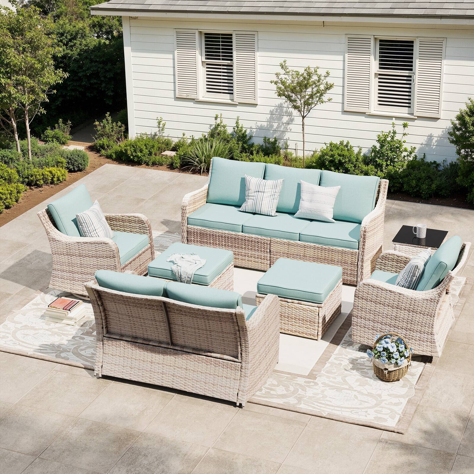Alt View 1. Yardgrace - 7 Pieces Patio Swivel Chair Set Wicker Sofa Rattan Conversation Three Seat Sofa 2 Ottomans Loveseat Lawn Backyard - Blue.