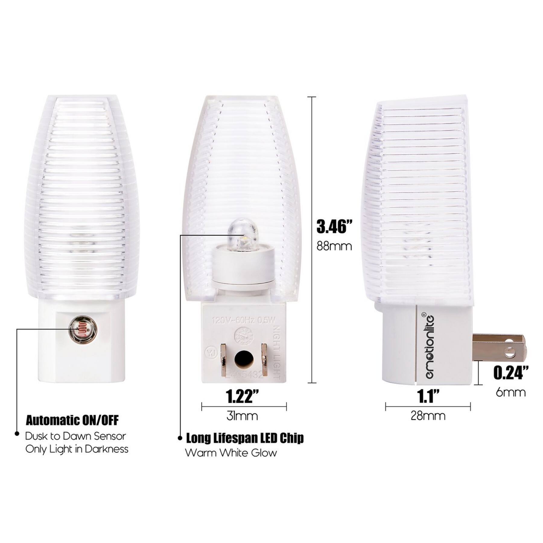 3.46" 88mm Automatic ON/OFF Dusk to Dawn Sensor Only Light in Darkness 120V-60Hz 0.5W NIGHT YJ 495432 LIGHT 1.22" 31mm Long Lifespan LED Chip Warm White Glow erotionlite 1.1" 28mm 0.24" 6mm