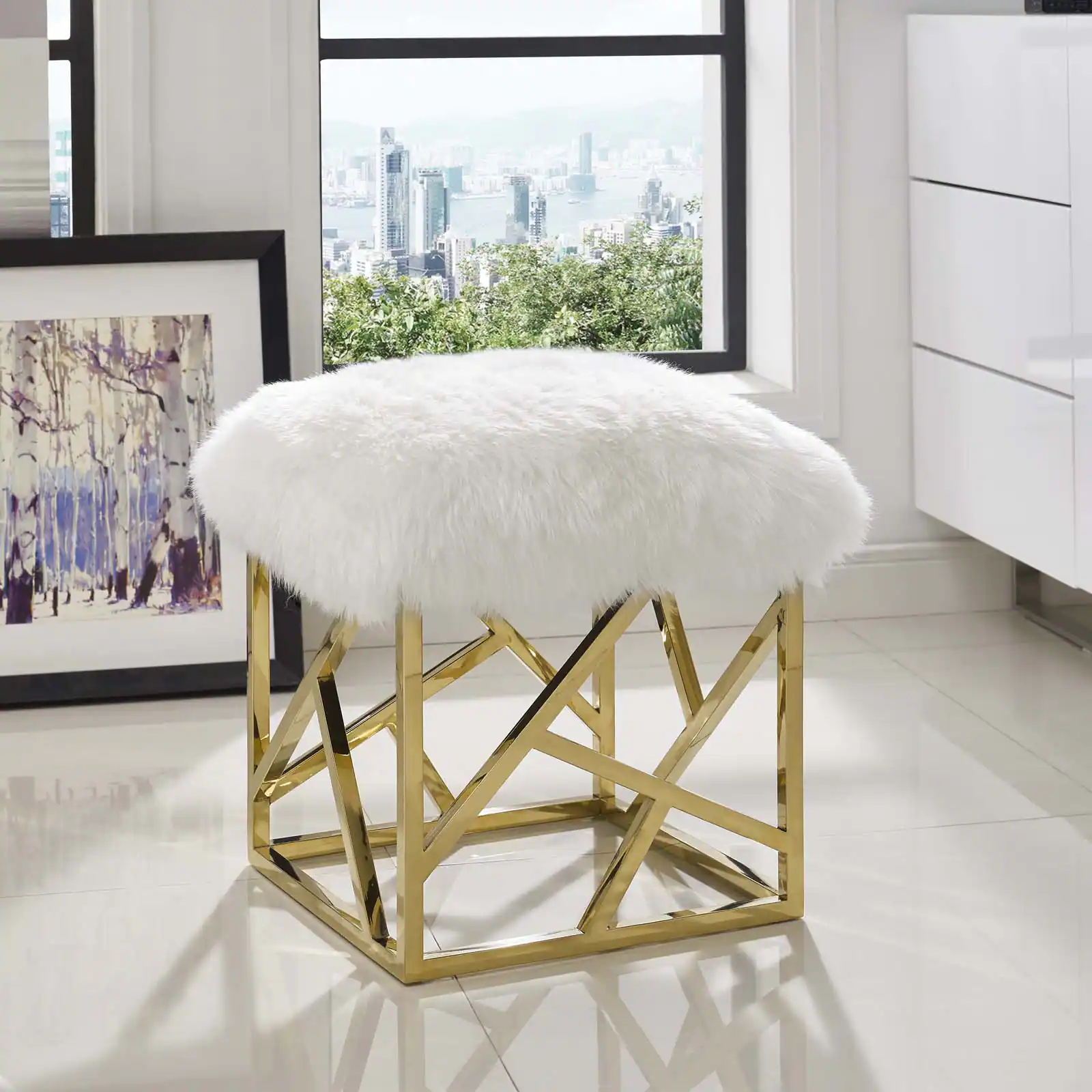 Left. Modway - Intersperse Sheepskin Ottoman by Modway - EEI-2844-GLD-WHI.