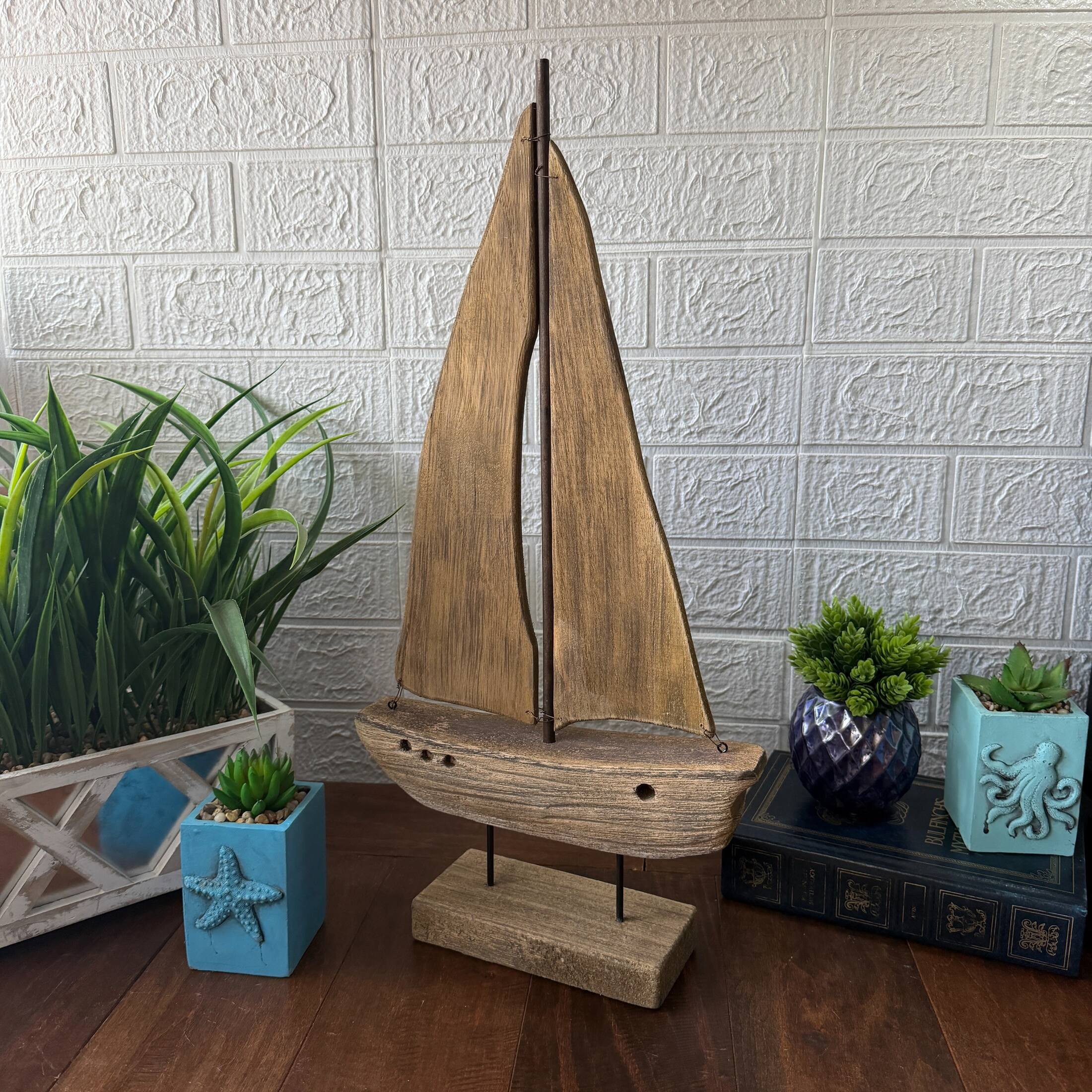 Alt View 3. Things2Die4 - Weathered Wood Sailboat Sculpture 22 Inch Nautical Coastal Tabletop Decor - Natural.
