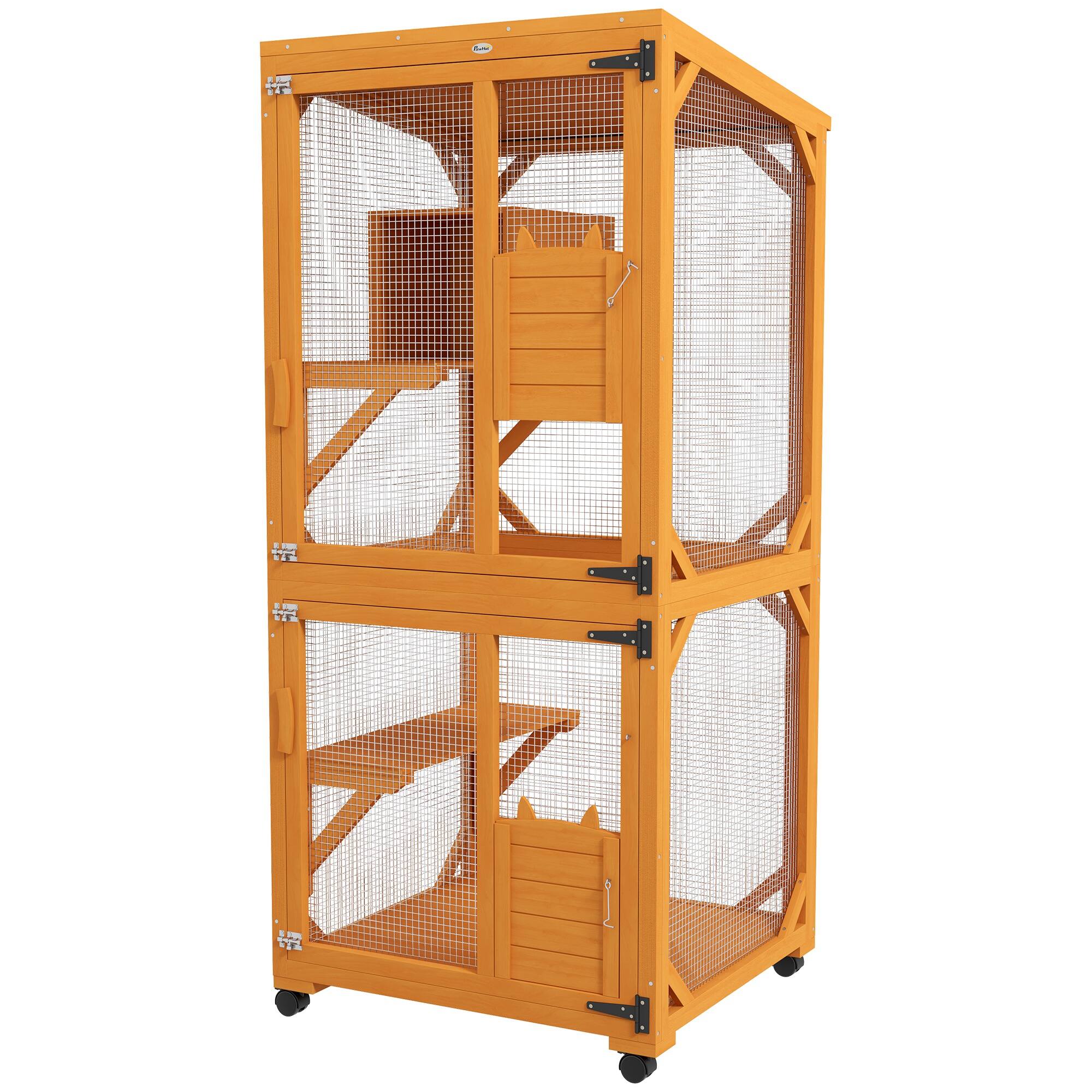 Pawhut - Cat House for 1-3 Cats on Wheels Wooden Catio Enclosure