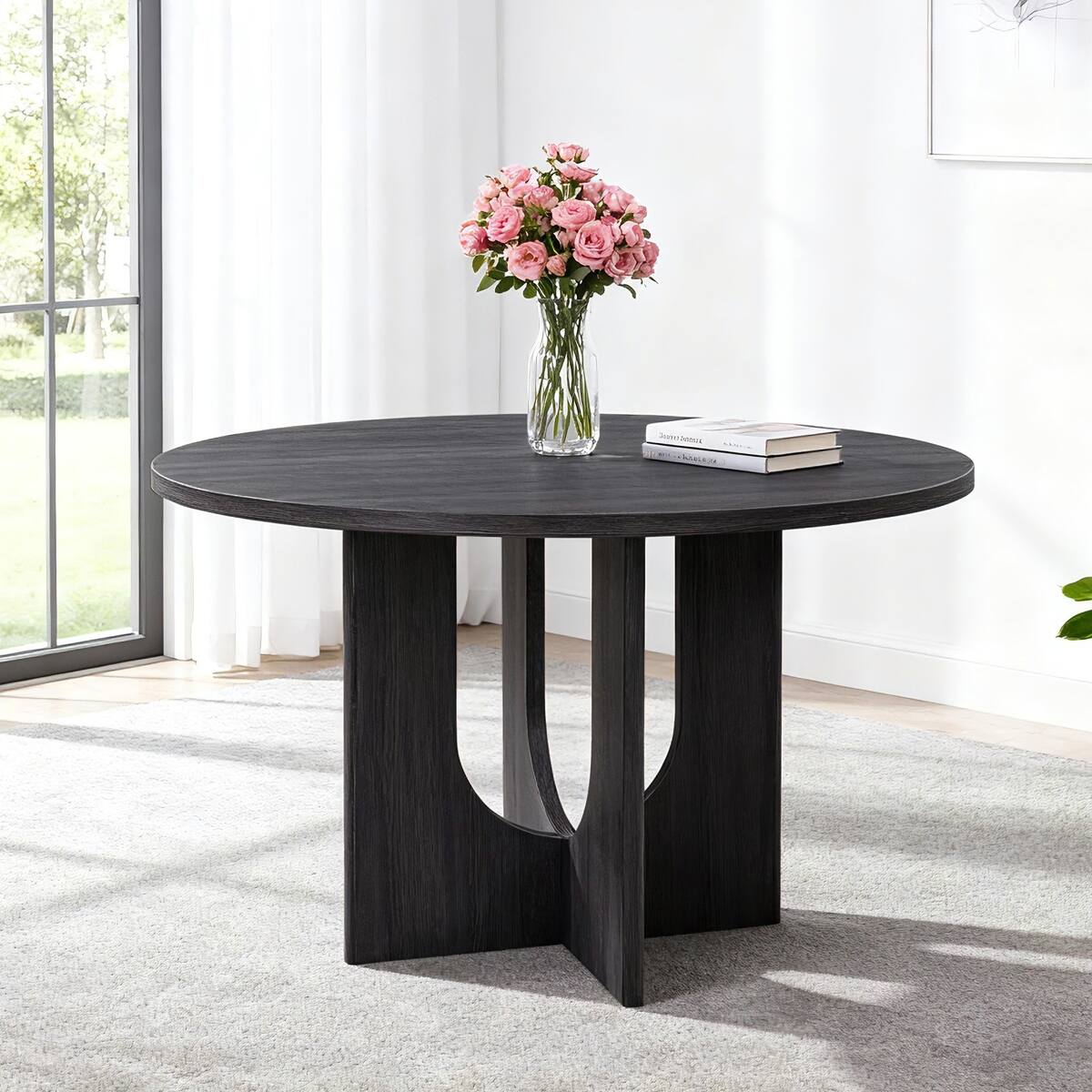 Front. Loheer - Loheer Round Dining Table for 4, 47.3-Inch MDF Table with Antique Black Finish - Antique Black.