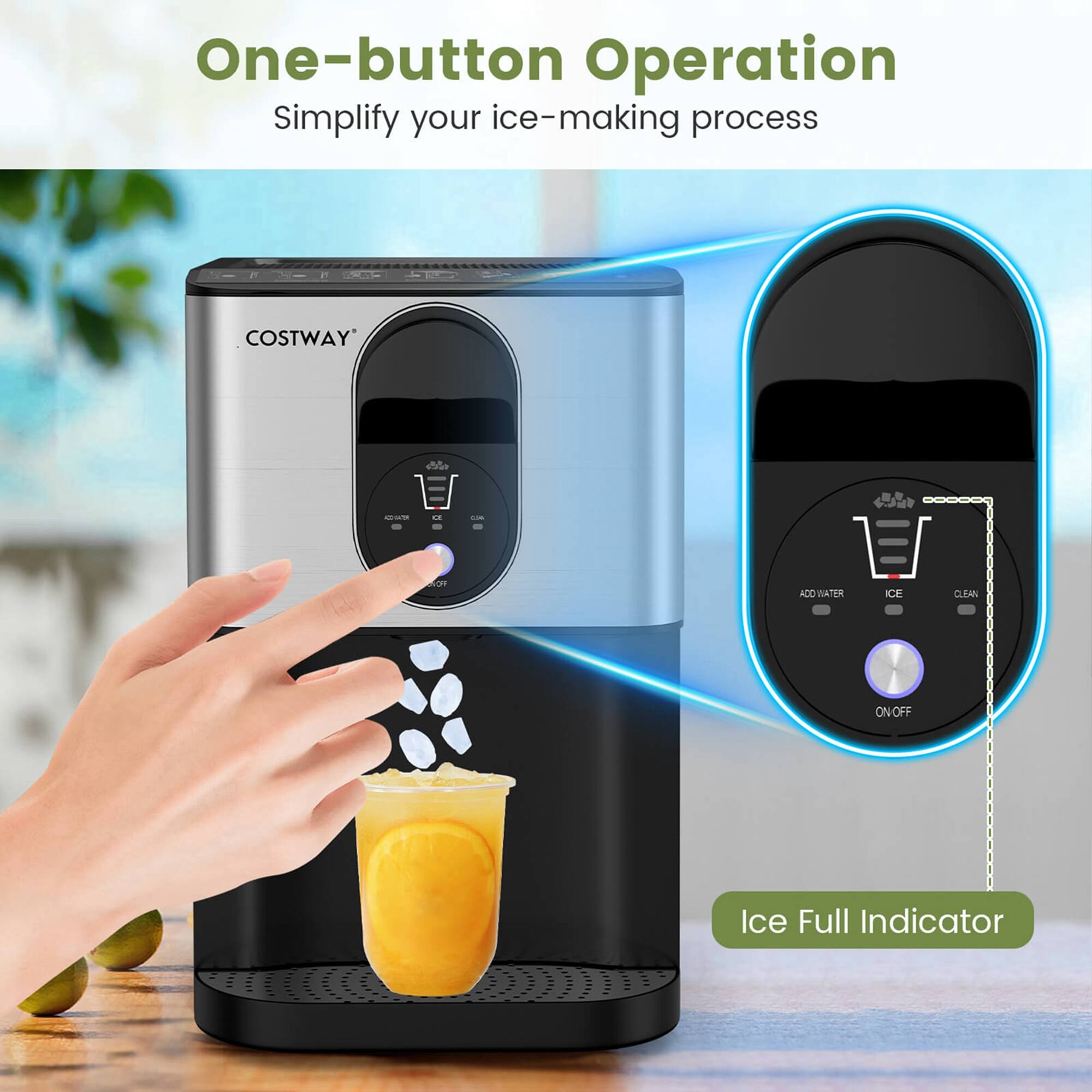 One-button Operation Simplify your ice-making process with the COSTWAY ice maker. The ice full indicator ensures you always have the right amount of ice.