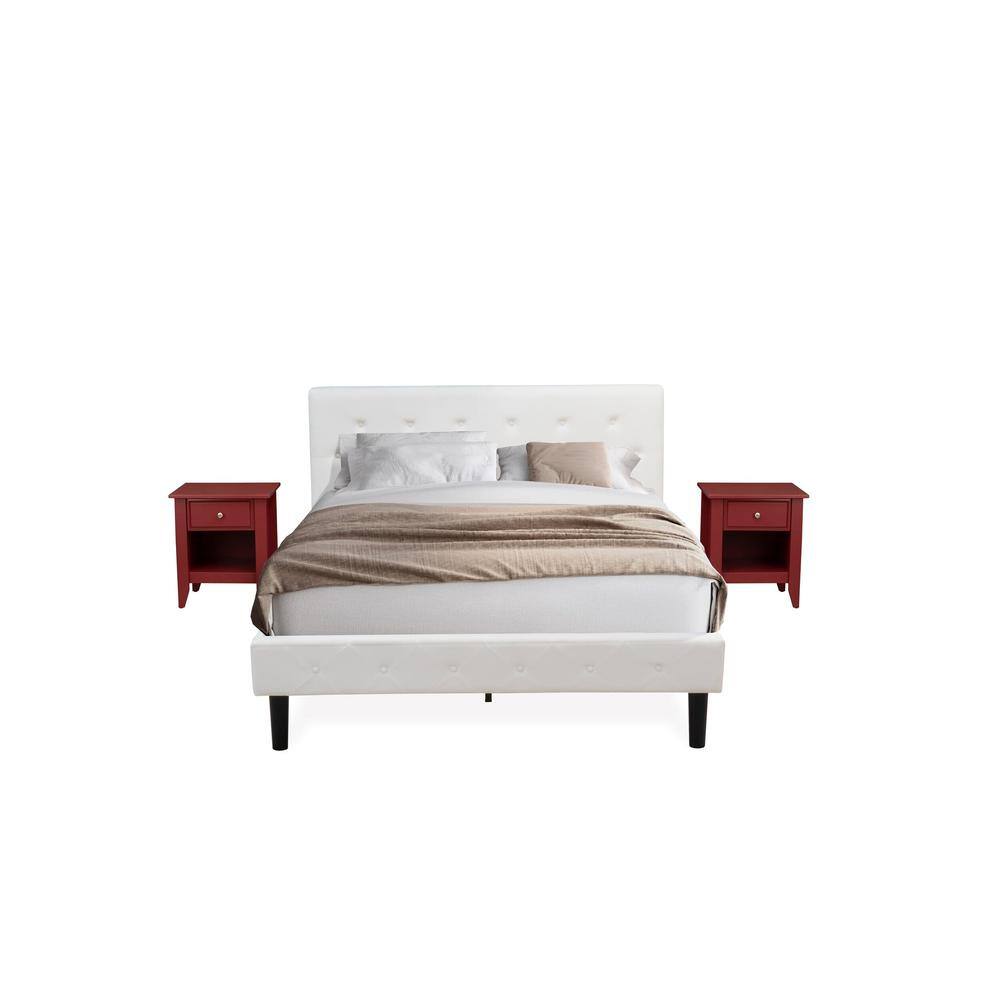 Alt View 4. East West Furniture - NL19Q-2GA13 3 Pc Queen Bed Set - 1 Wooden Bed White Velvet Fabric Headboard and 2 Wood Nightstand - Burgundy Finish - White Velvet.