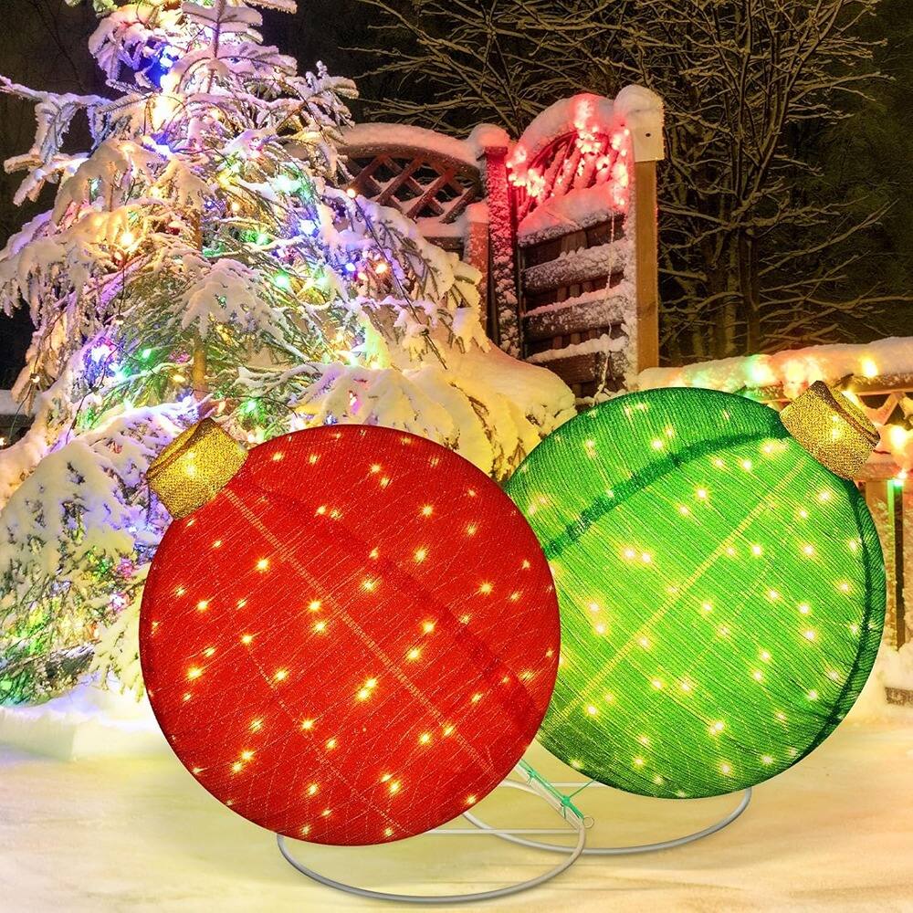 Front. RTMB - 2-Pack 24" Lighted Pop-Up Outdoor Christmas Balls, 3D Pre-Lit Collapsible Ornaments with 100 LED Lights - Multicolor.