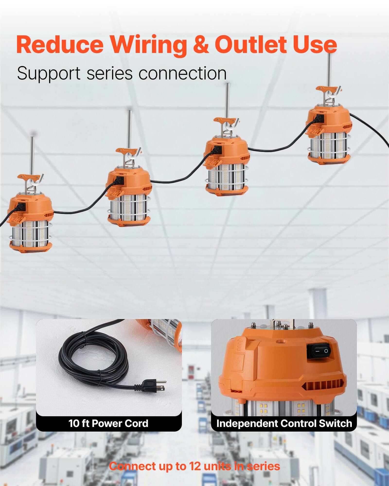 Reduce Wiring & Outlet Use  
Support series connection  

10 ft Power Cord  
Independent Control Switch  

Connect up to 12 units in series