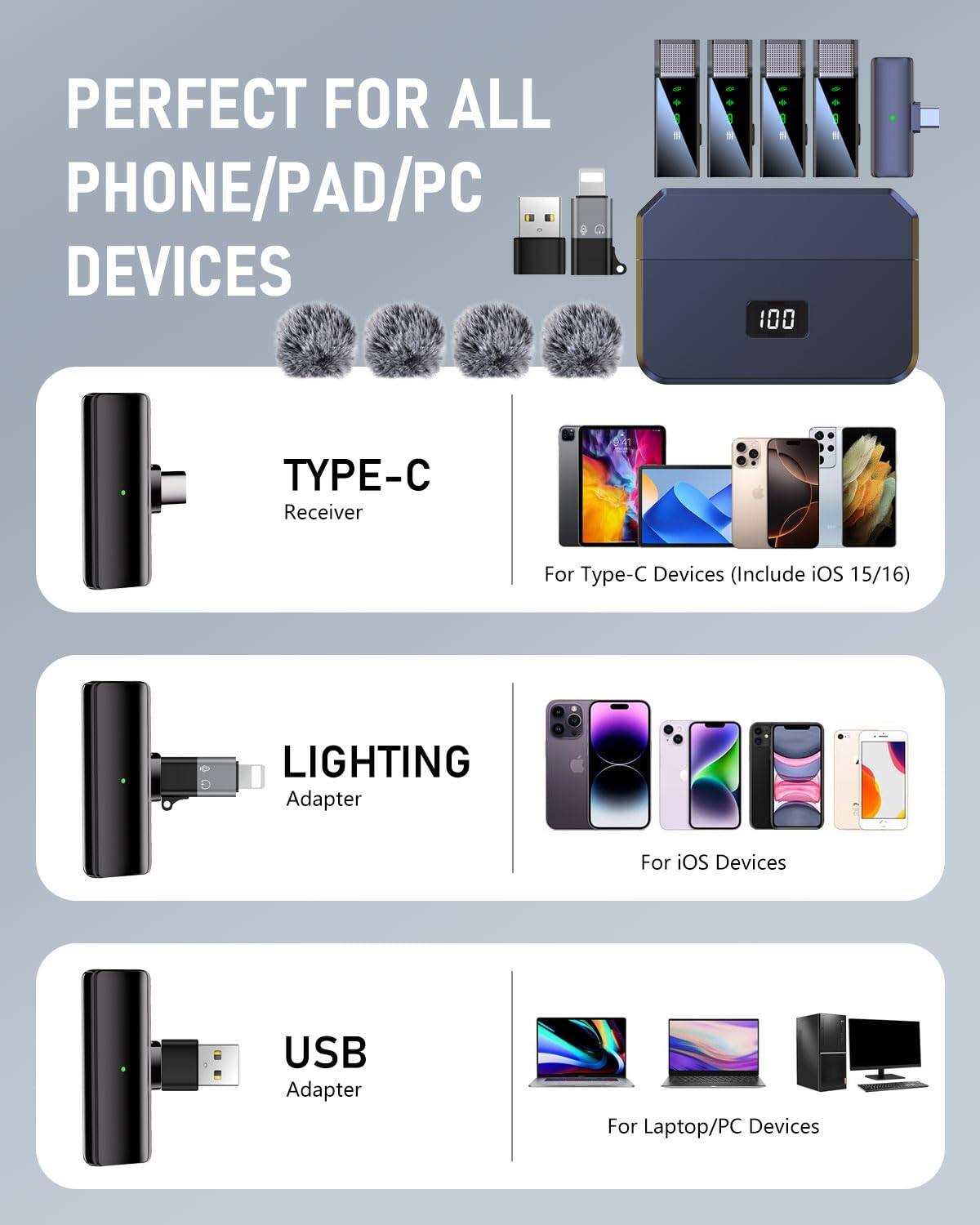 PERFECT FOR ALL PHONE/PAD/PC DEVICES

TYPE-C  
Receiver  
For Type-C Devices (Include iOS 15/16)

LIGHTING  
Adapter  
For iOS Devices

USB  
Adapter  
For Laptop/PC Devices