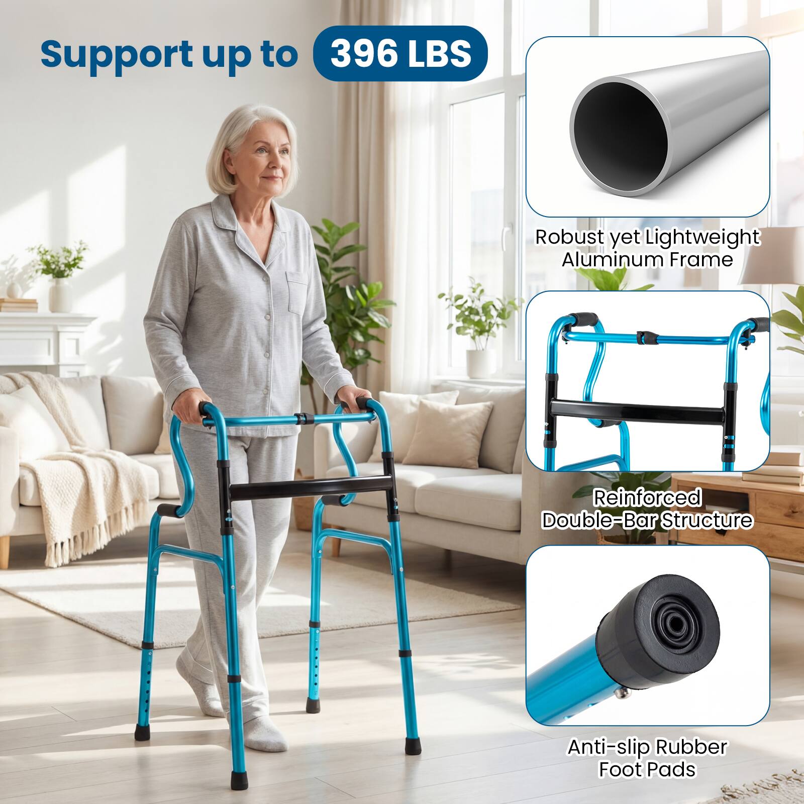 Support up to 396 LBS

- Robust yet Lightweight Aluminum Frame
- Reinforced Double-Bar Structure
- Anti-slip Rubber Foot Pads