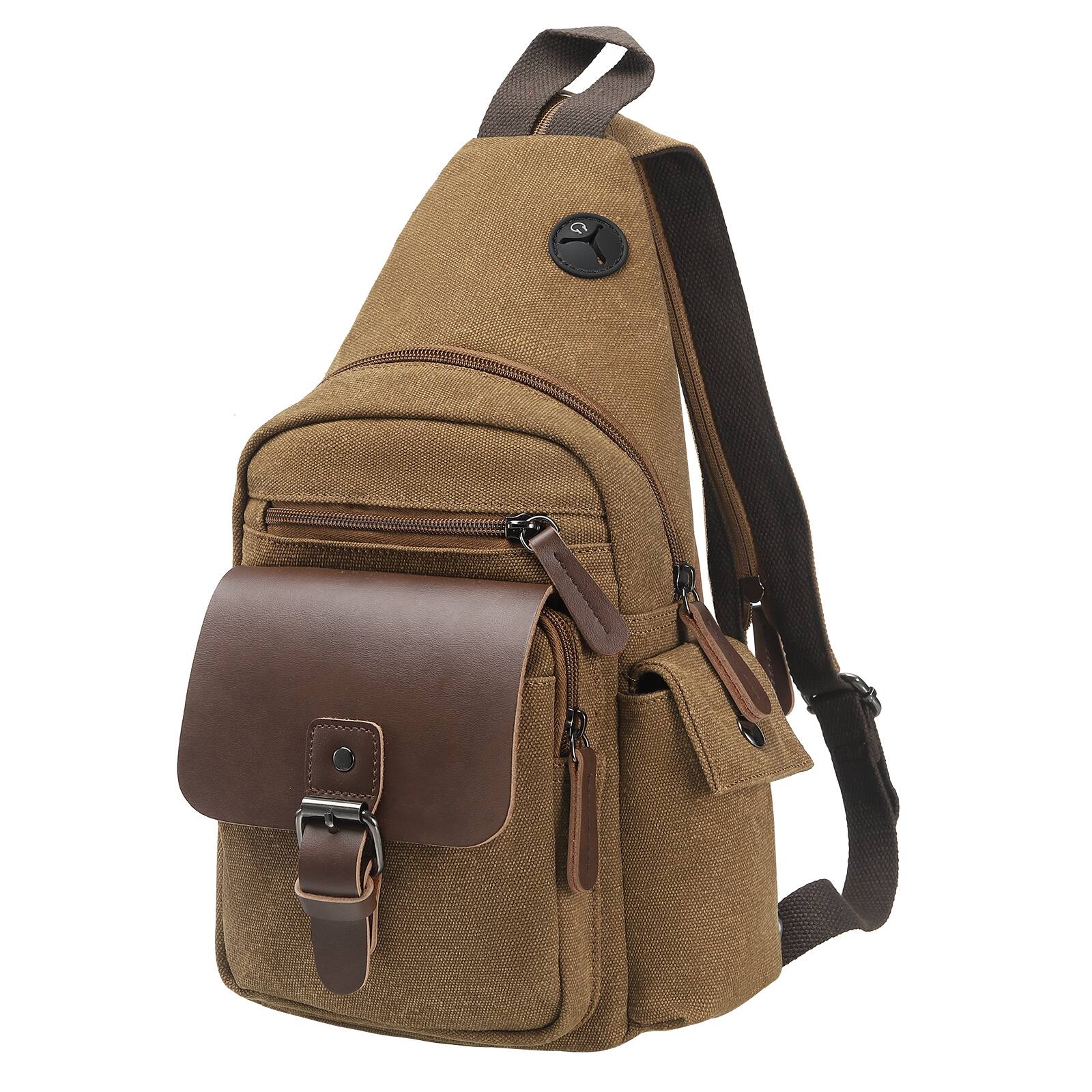 Front. Unique Bargains - Canvas Sling Bag Crossbody Backpack Vintage Shoulder Bag W/Leather Accents for Outdoor Cycling Hiking Travel - Coffee.