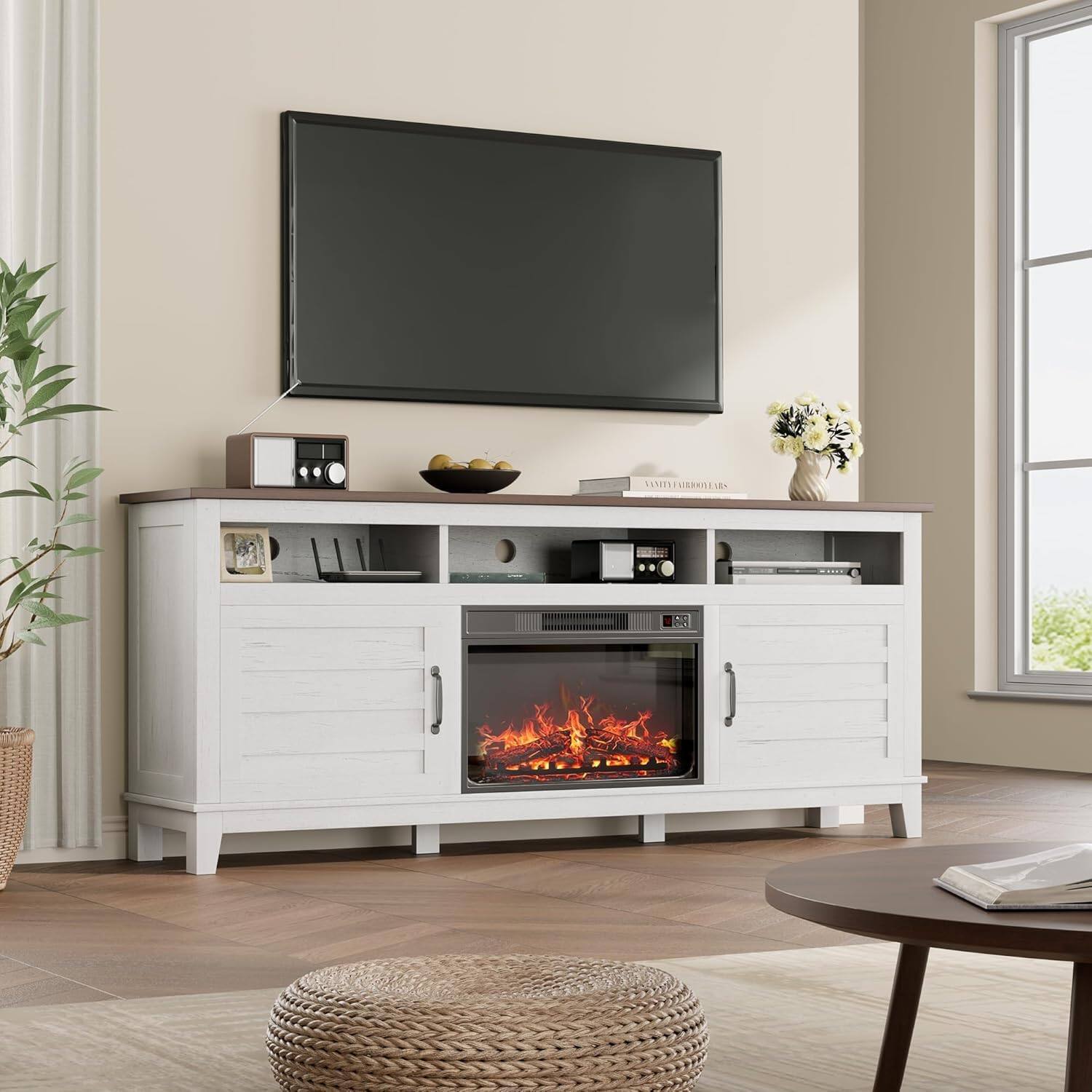 Back. Jojoka - 71" Farmhouse TV Stand with 23" Electric Fireplace, Adjustable Storage, Media Console for Living Room & Bedroom - White.