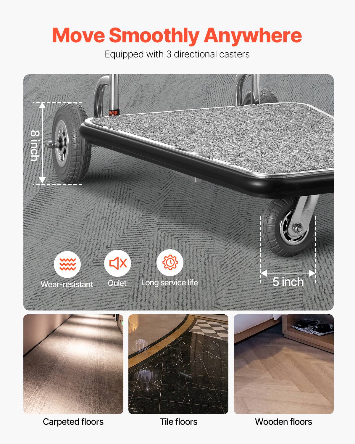 Move Smoothly Anywhere  
Equipped with 3 directional casters  

8 inch X 5 inch  

Wear-resistant  
Quiet  
Long service life  

Carpeted floors  
Tile floors  
Wooden floors