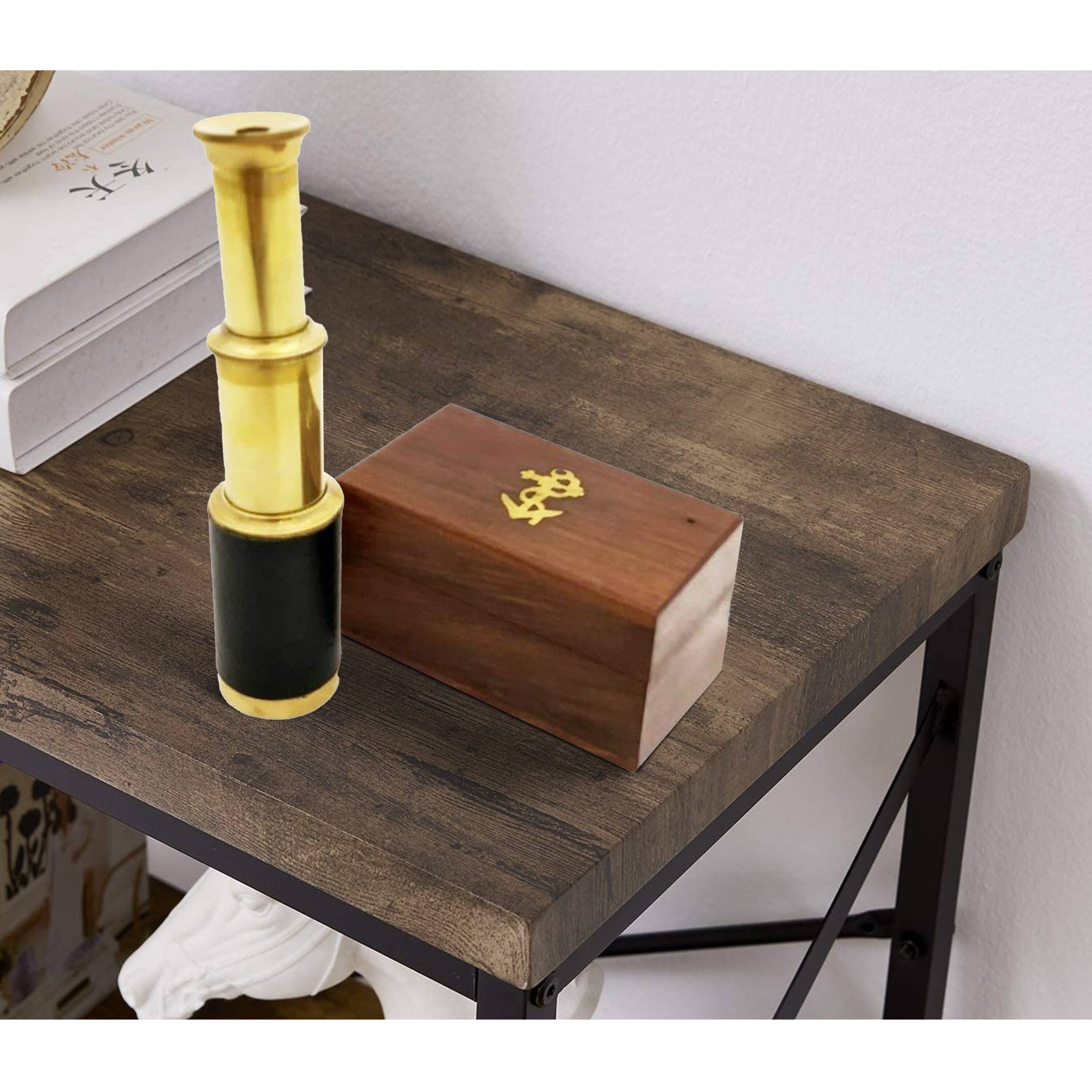 Alt View 6. Manhattan Lane - Small Brass Telescope with Pullout Wooden Box - Gold and Brown.