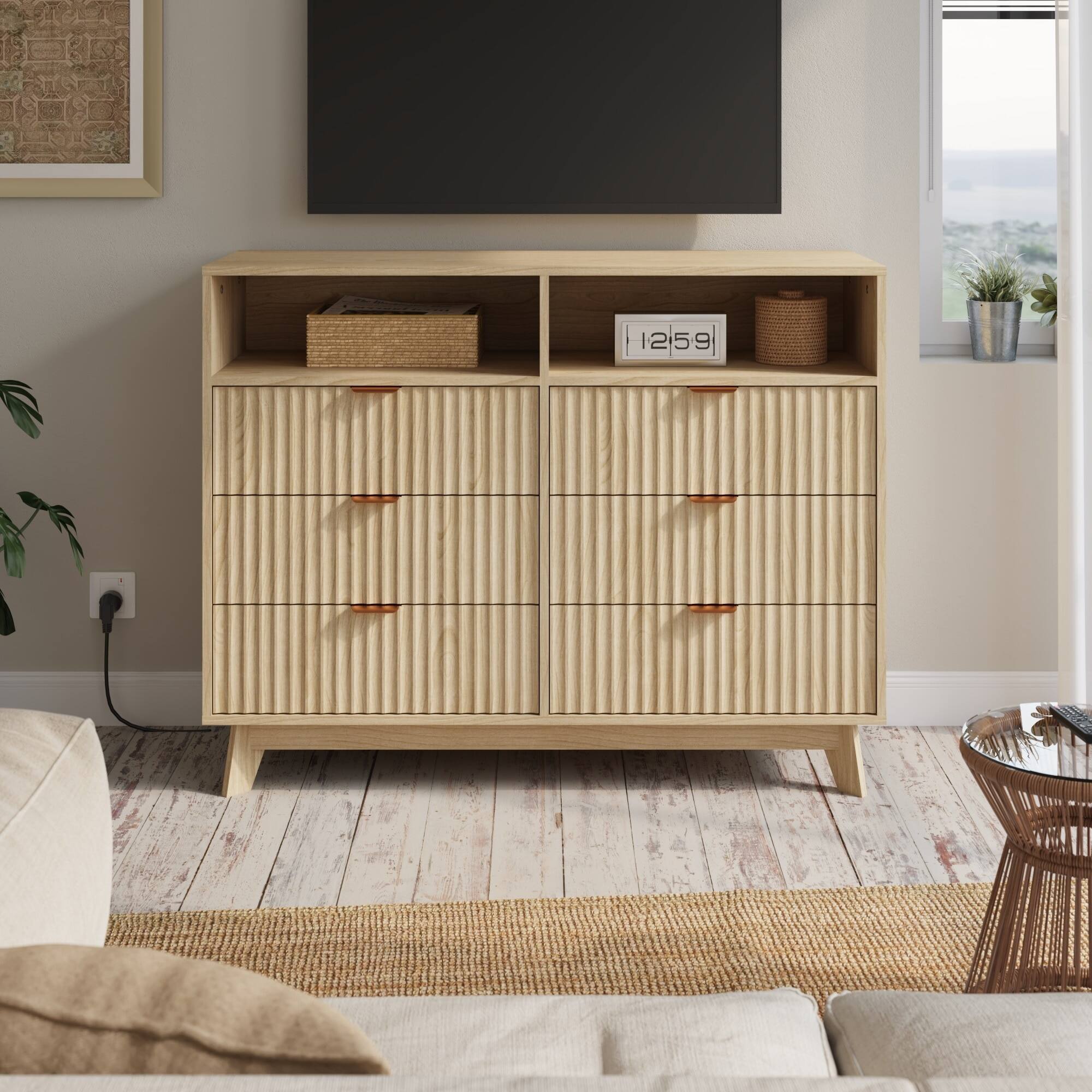 Angle. U-HOMY - 46.5" Fluted 6-Drawer Dresser with Open Storage, Mid Century Modern Wooden Dresser TV Stand for Bedroom & Living Room - Wood Color.