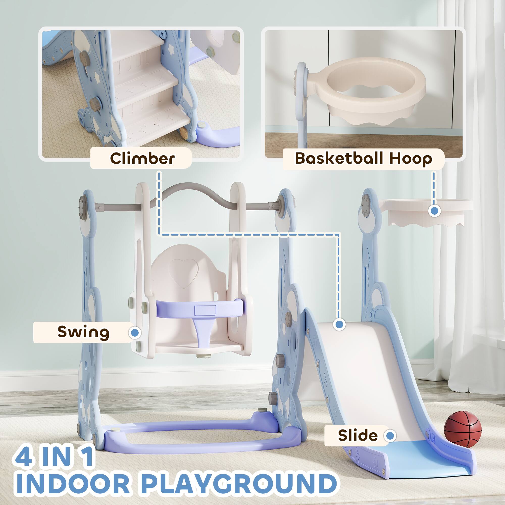 Climber  
Basketball Hoop  
Swing  
Slide  

4 IN 1  
INDOOR PLAYGROUND