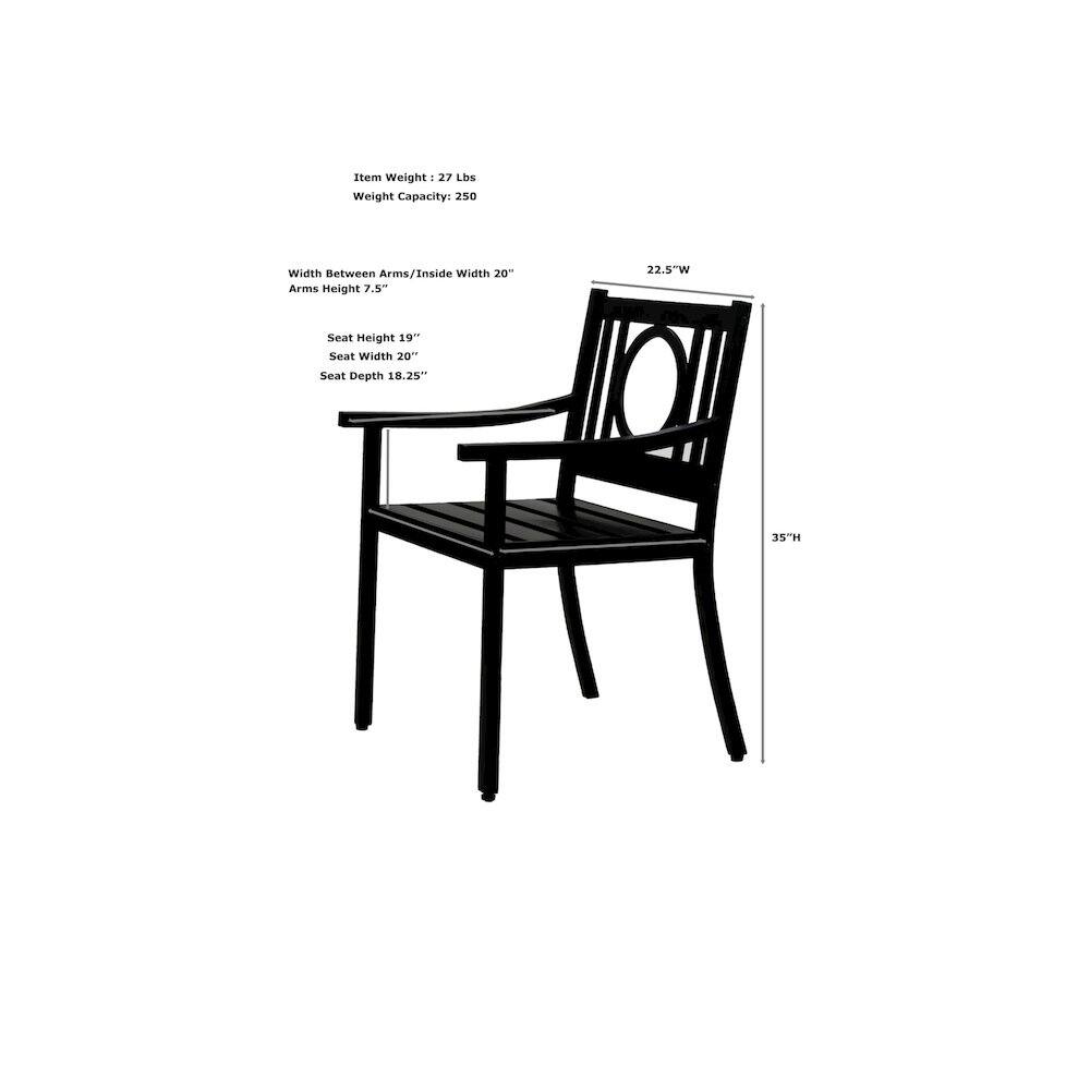 Item Weight: 27 Lbs  
Weight Capacity: 250  

Width Between Arms/Inside Width: 20"  
Arms Height: 7.5"  
22.5"W  
Seat Height: 19"  
Seat Width: 20"  
Seat Depth: 18.25"  
35"H