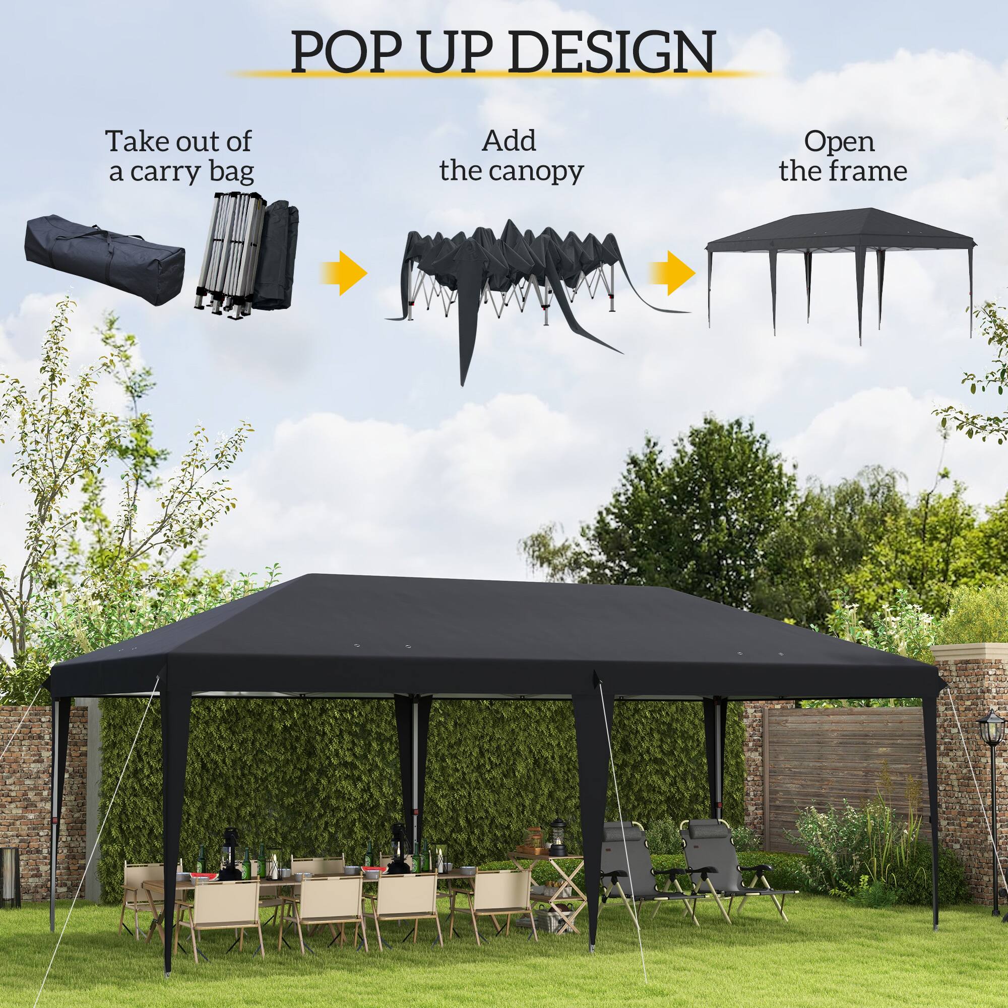 POP UP DESIGN

Take out of a carry bag
Add the canopy
Open the frame