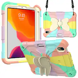 Dteck - for iPad mini A17 Pro 7th/6th Gen 8.3 Inch, Kids-Friendly Butterfly Stand Shockproof Cover with Shoulder Strap - Rainbow