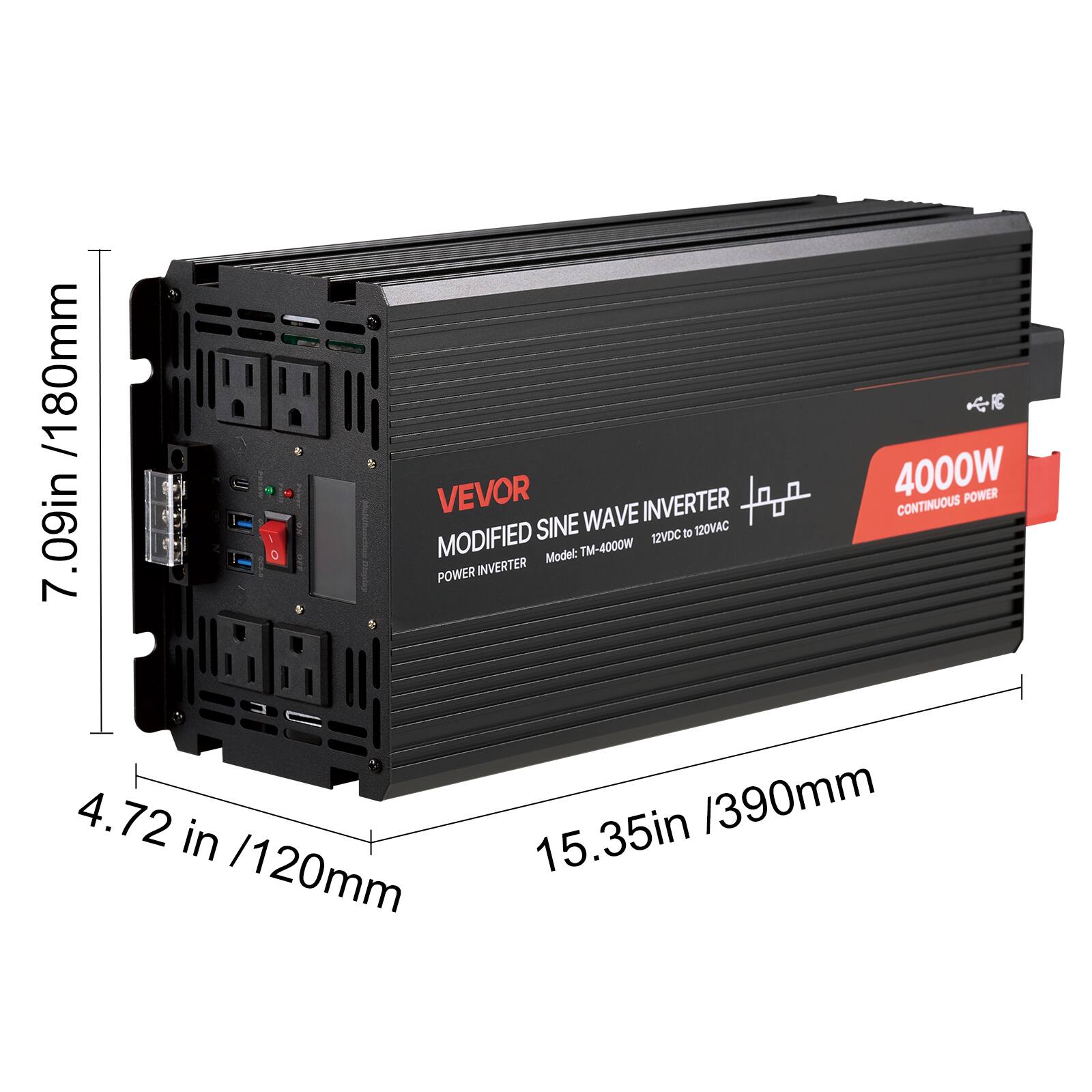 1 80mm VEVOR INVERTER 4000W CONTINUOUS POWER SINE WAVE 12VDC to 120VAC 7.09in / 0 MODIFIED POWER INVERTER Model: TM-4000W 4.72 in 15.35in /390mm /120mm