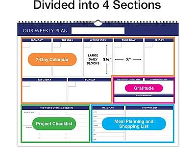 Divided into 4 Sections

OUR WEEKLY PLAN
- MONDAY
- TUESDAY
- WEDNESDAY
- THURSDAY
- FRIDAY
- SATURDAY
- SUNDAY

7-Day Calendar
LARGE DAILY 3½" BLOCKS

THIS WEEK'S CHORES & PROJECTS
Project Checklist

MEAL PLAN
Meal Planning and Shopping List

Gratitude
