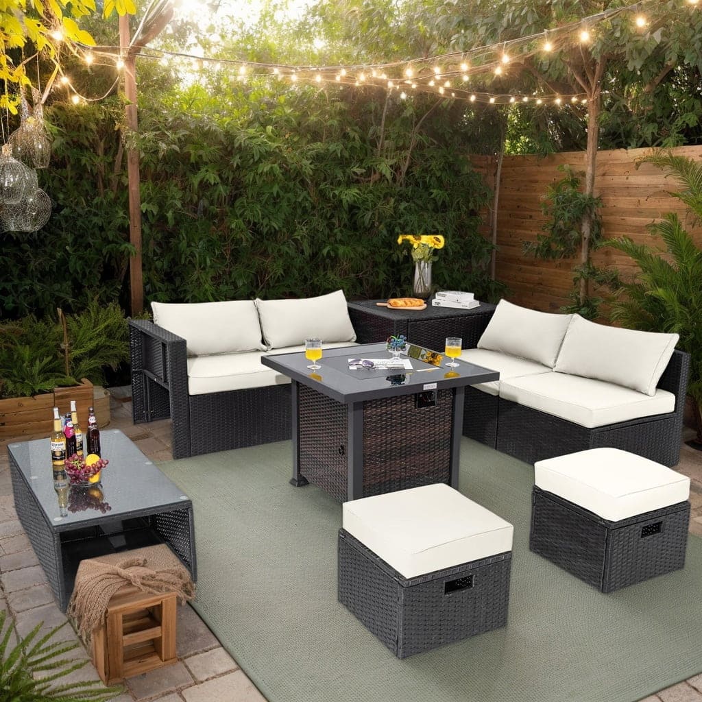 Kadyn - 9 Pieces Patio Furniture Set with 32” Fire Pit Table and 50000 BTU Square Propane Fire Pit - White