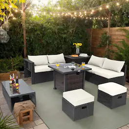 Kadyn - 9 Pieces Patio Furniture Set with 32” Fire Pit Table and 50000 BTU Square Propane Fire Pit - White