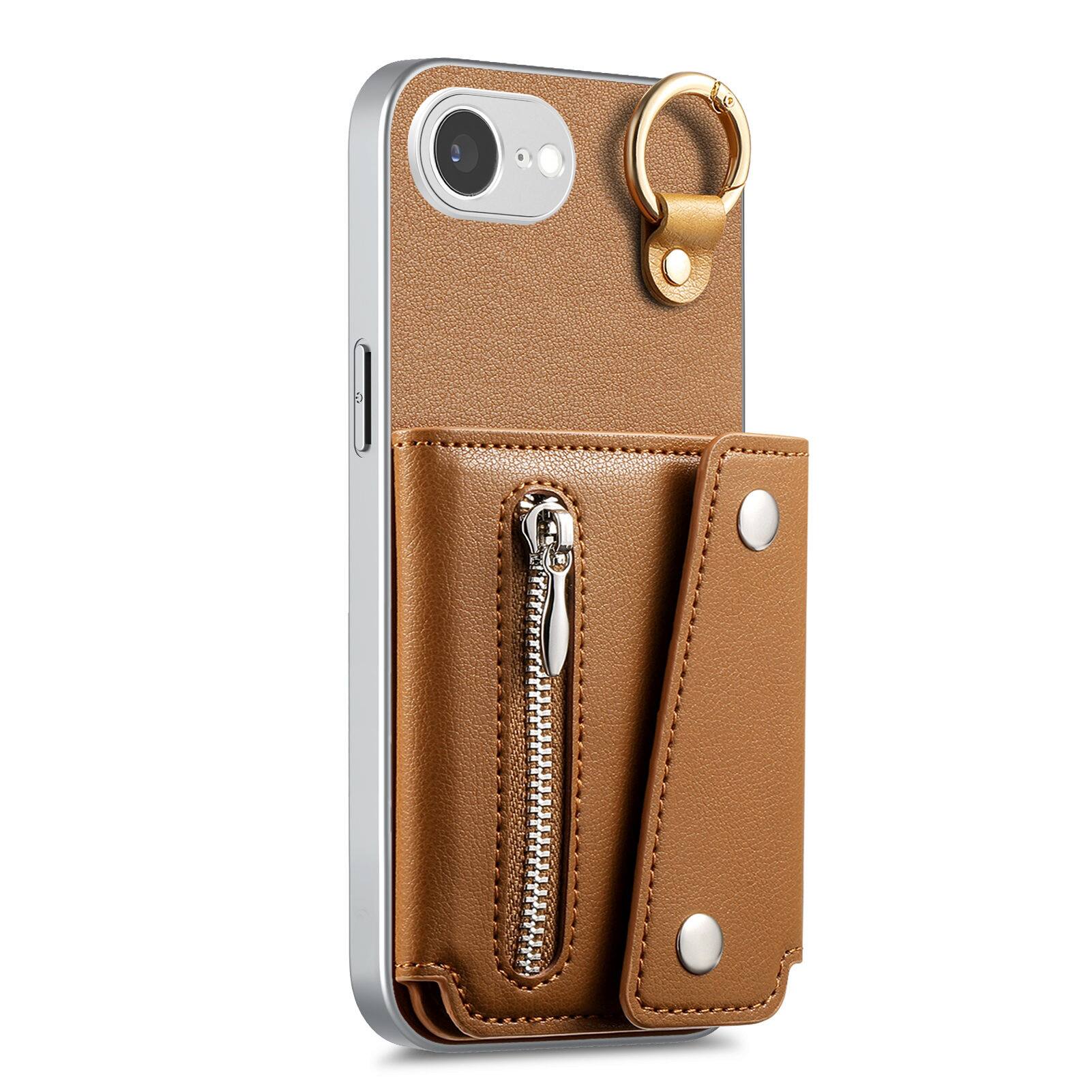 Angle. Dteck - PU Leather Zipper Wallet Phone Case for Apple iPhone 17e with Ring Buckle, Shockproof Kickstand Protective Cover - Brown.