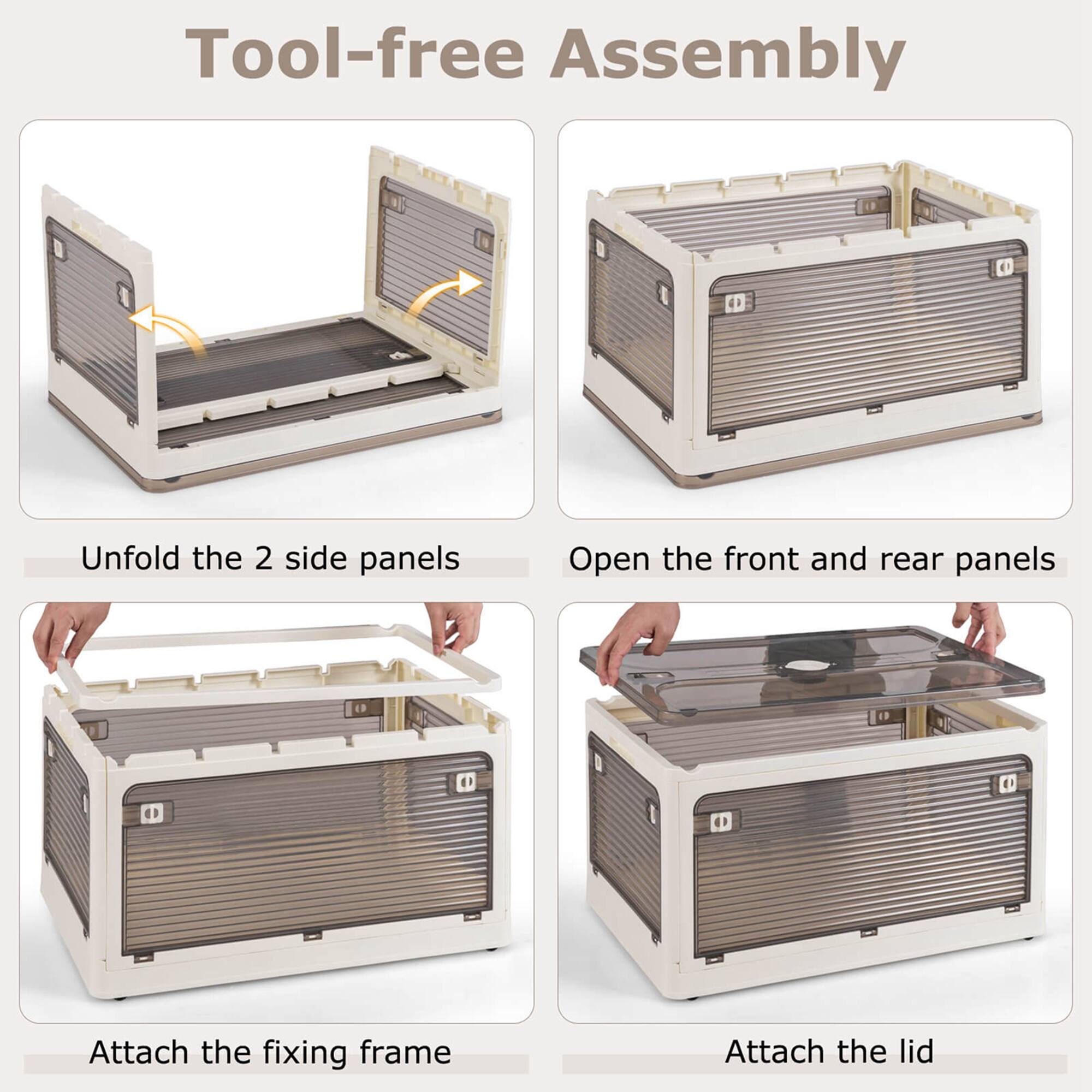 Tool-free Assembly

1. Unfold the 2 side panels
2. Open the front and rear panels
3. Attach the fixing frame
4. Attach the lid