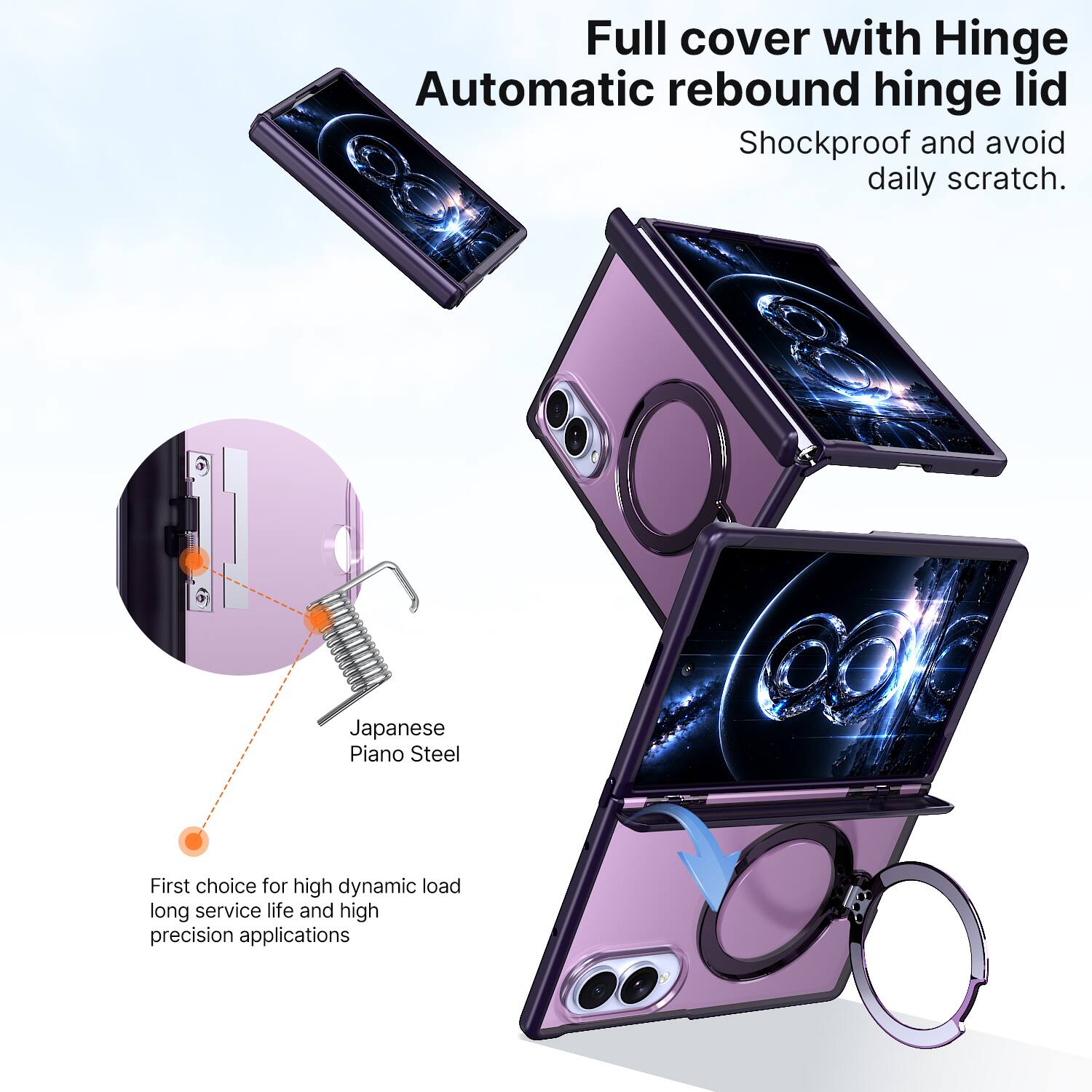 Full cover with Hinge Automatic rebound hinge lid  
Shockproof and avoid daily scratch.  

Japanese Piano Steel  
First choice for high dynamic load long service life and high precision applications