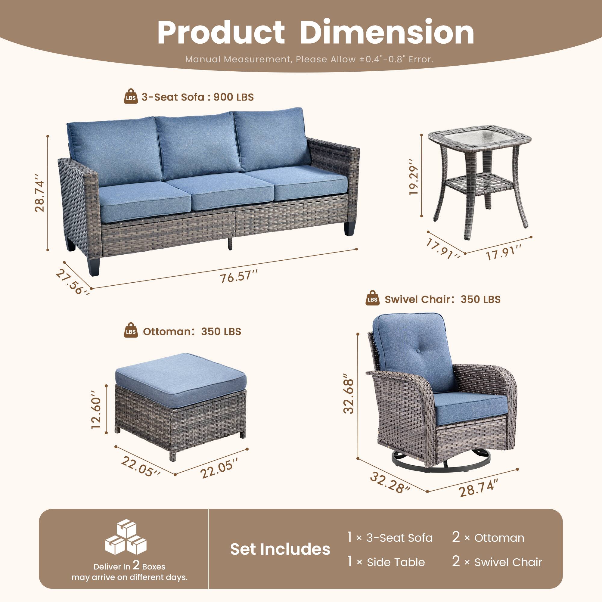 **Product Dimension**

Manual Measurement, Please Allow ±0.4"-0.8" Error.

- **3-Seat Sofa:** 900 LBS  
  - Length: 76.57"  
  - Width: 28.74"  
  - Height: 27.56"  
  - Seat Height: 19.29"  
  - Seat Depth: 17.91"  
  - Armrest Height: 17.91"  

- **Swivel Chair:** 350 LBS  
  - Height: 32.68"  
  - Width: 32.28"  
  - Depth: 28.74"  
  - Seat Height: 17.91"  
  - Seat Depth: 17.91"  
  - Armrest Height: 17.91"  

- **Ottoman:** 350 LBS  
  - Height: 12.60"  
  - Width: 22.05"  
  - Depth: 22.05"  

**Set Includes:**
- 1