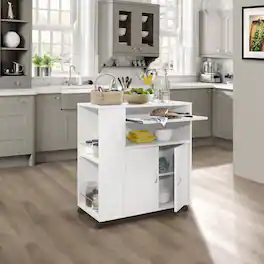 Kings Brand Furniture - Alaina Kitchen Island Rolling Cart on Wheels with Storage Cabinet - White