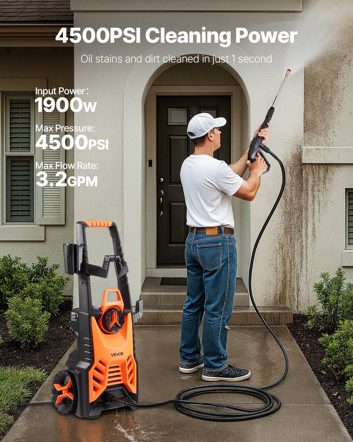 4500PSI Cleaning Power  
Oil stains and dirt cleaned in just 1 second  

Input Power: 1900w  
Max Pressure: 4500PSI  
Max Flow Rate: 3.2GPM  

VEVOR