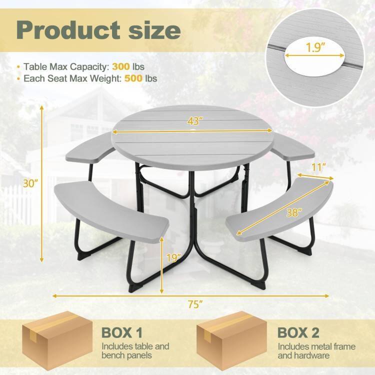 Product size

- Table Max Capacity: 300 lbs
- Each Seat Max Weight: 500 lbs

1.9"

43" 30" 11" 38" 19" 75"

BOX 1
Includes table and bench panels

BOX 2
Includes metal frame and hardware