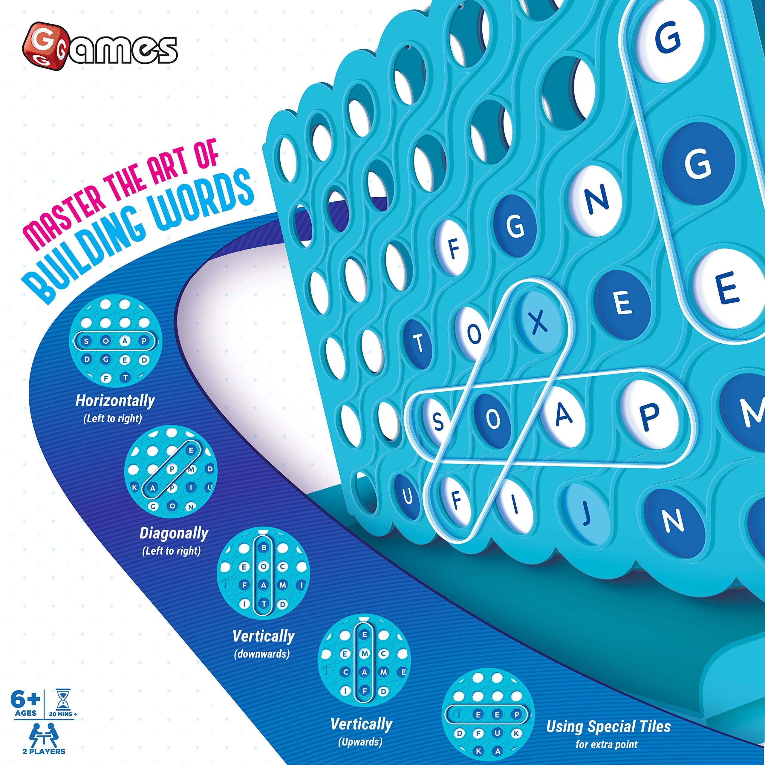 **G Games**

**MASTER THE ART OF BUILDING WORDS**

- Horizontally (Left to right)
- Diagonally (Left to right)
- Vertically (downwards)
- Vertically (Upwards)

**Using Special Tiles for extra point**

**6+ AGES - 2 PLAYERS**

**20 MIN**