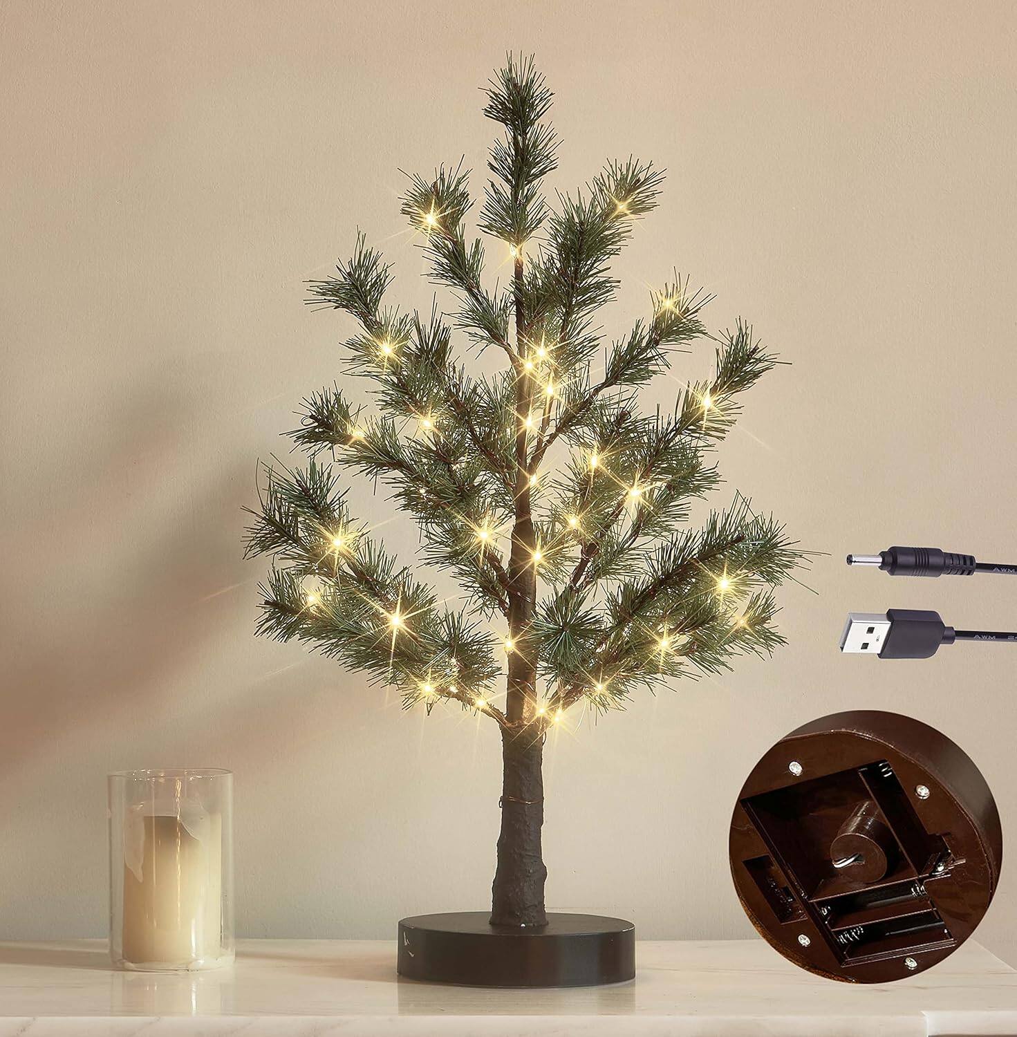 Back. RTMB - 18" LED Pine Tabletop Christmas Tree with Timer, Battery or USB Powered - Green Pine 60l.
