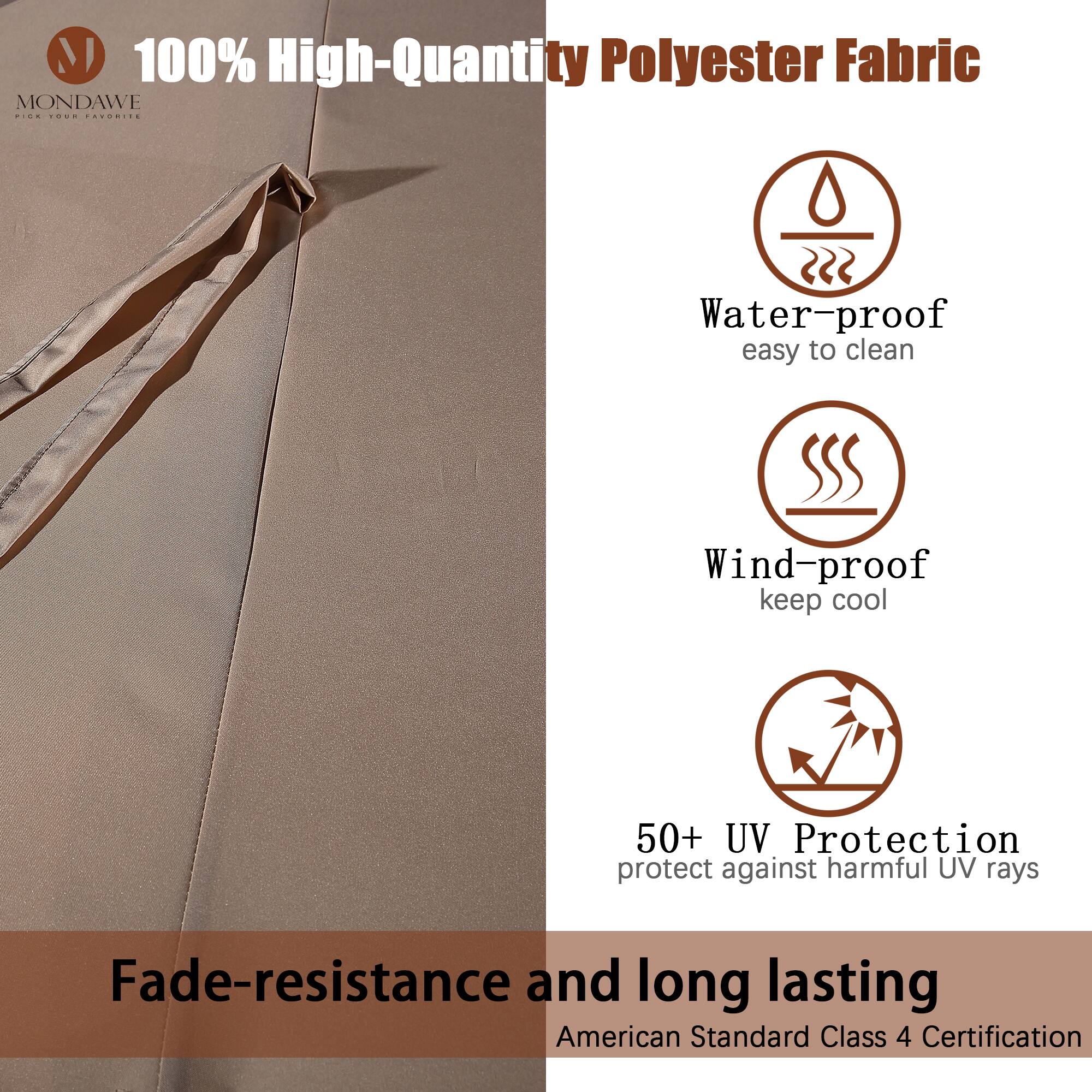 100% High-Quantity Polyester Fabric

- Water-proof
  - easy to clean

- Wind-proof
  - keep cool

- 50+ UV Protection
  - protect against harmful UV rays

- Fade-resistance and long lasting
  - American Standard Class 4 Certification