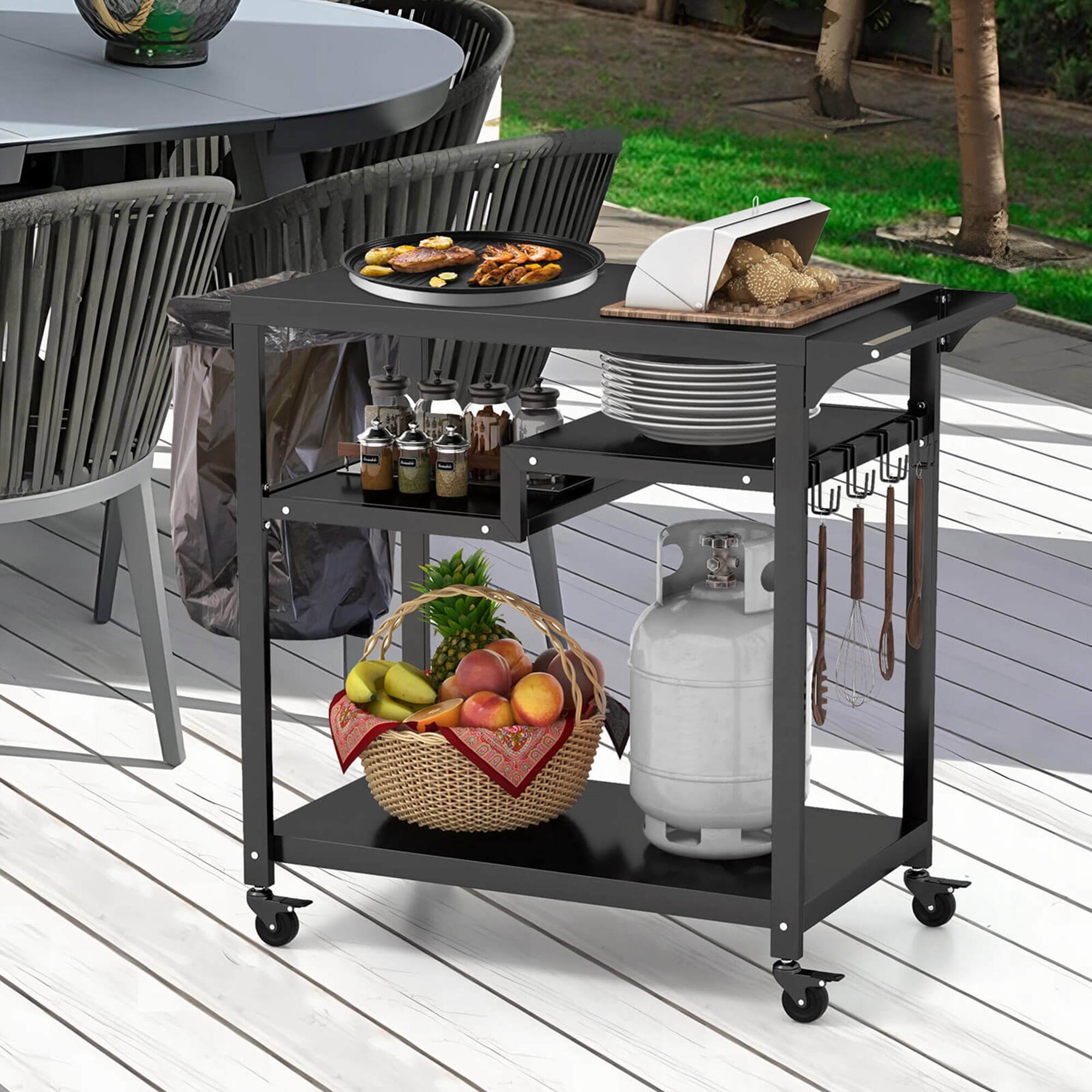 Alt View 1. Costway - Costway Rolling Grill Cart 3-Shelf BBQ Table Pizza Oven Stand with Trash Bag Holder & Hooks - Black.