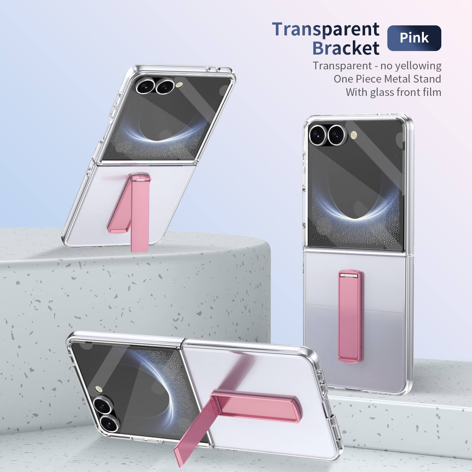 Transparent Pink Bracket  
Transparent - no yellowing  
One Piece Metal Stand  
With glass front film